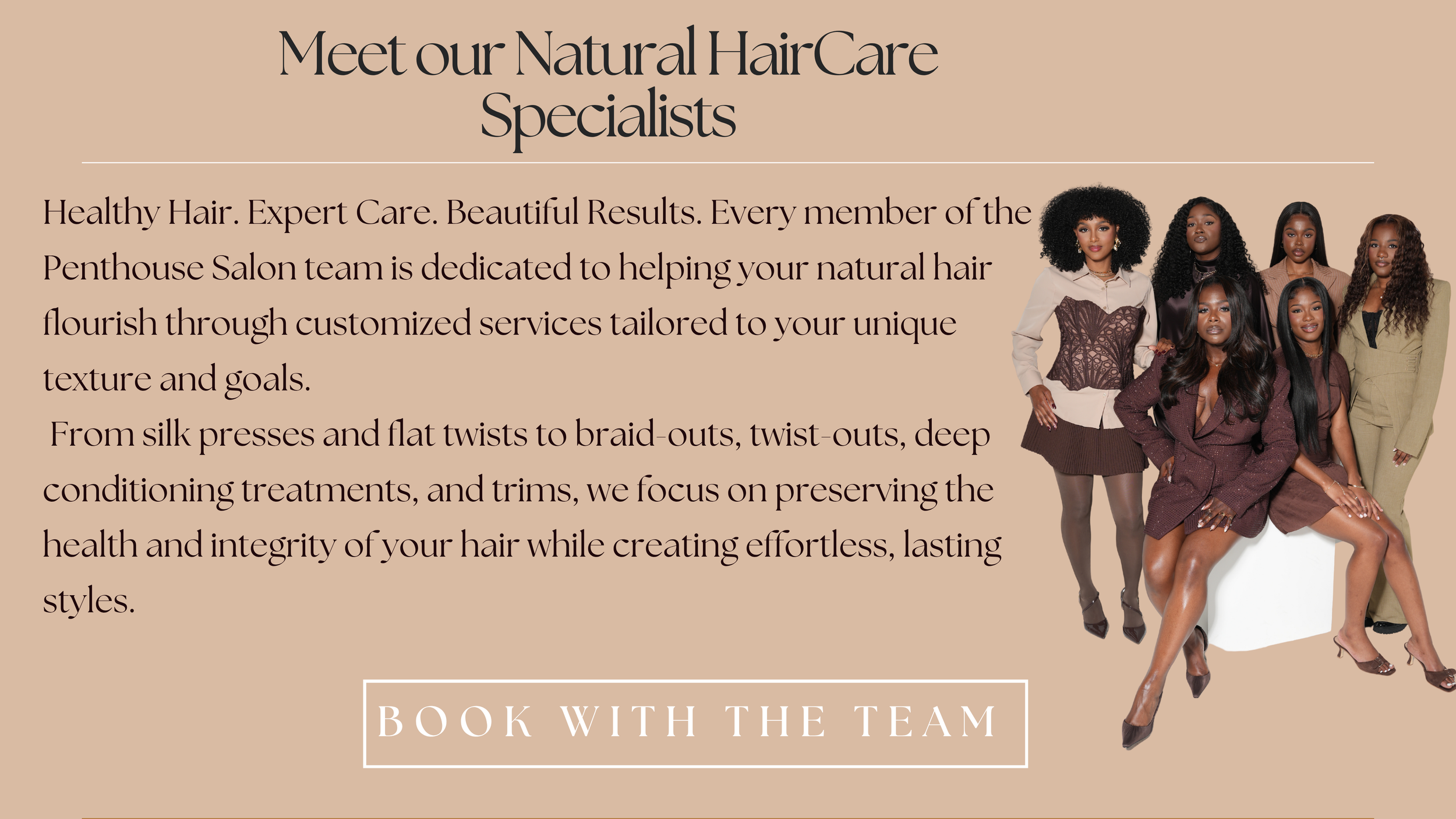 Meet the natural hair care specialists at The Penthouse Salon in Braintree, MA. Our team specializes in silk presses, Hair TLC treatments, trims, two-strand twists, flat twists, deep conditioning, and healthy natural hair care for textured hair.