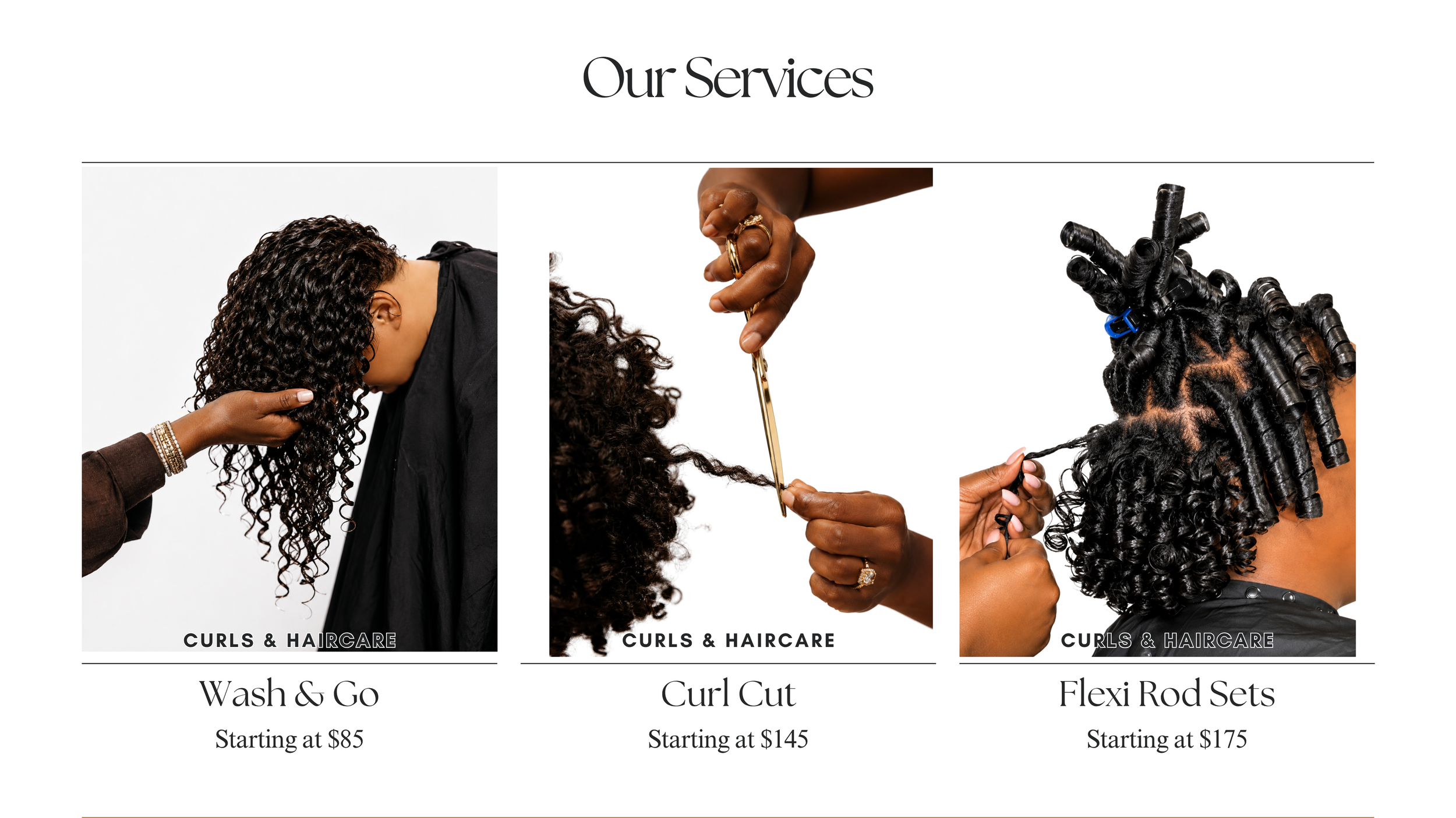 Luxury curly hair services at The Penthouse Salon in Braintree, MA. Image showcasing a wash-and-go, precision curl cut, and flexi rod set for natural and textured hair, specializing in healthy curls, hydration, curl definition, and expert curl care.