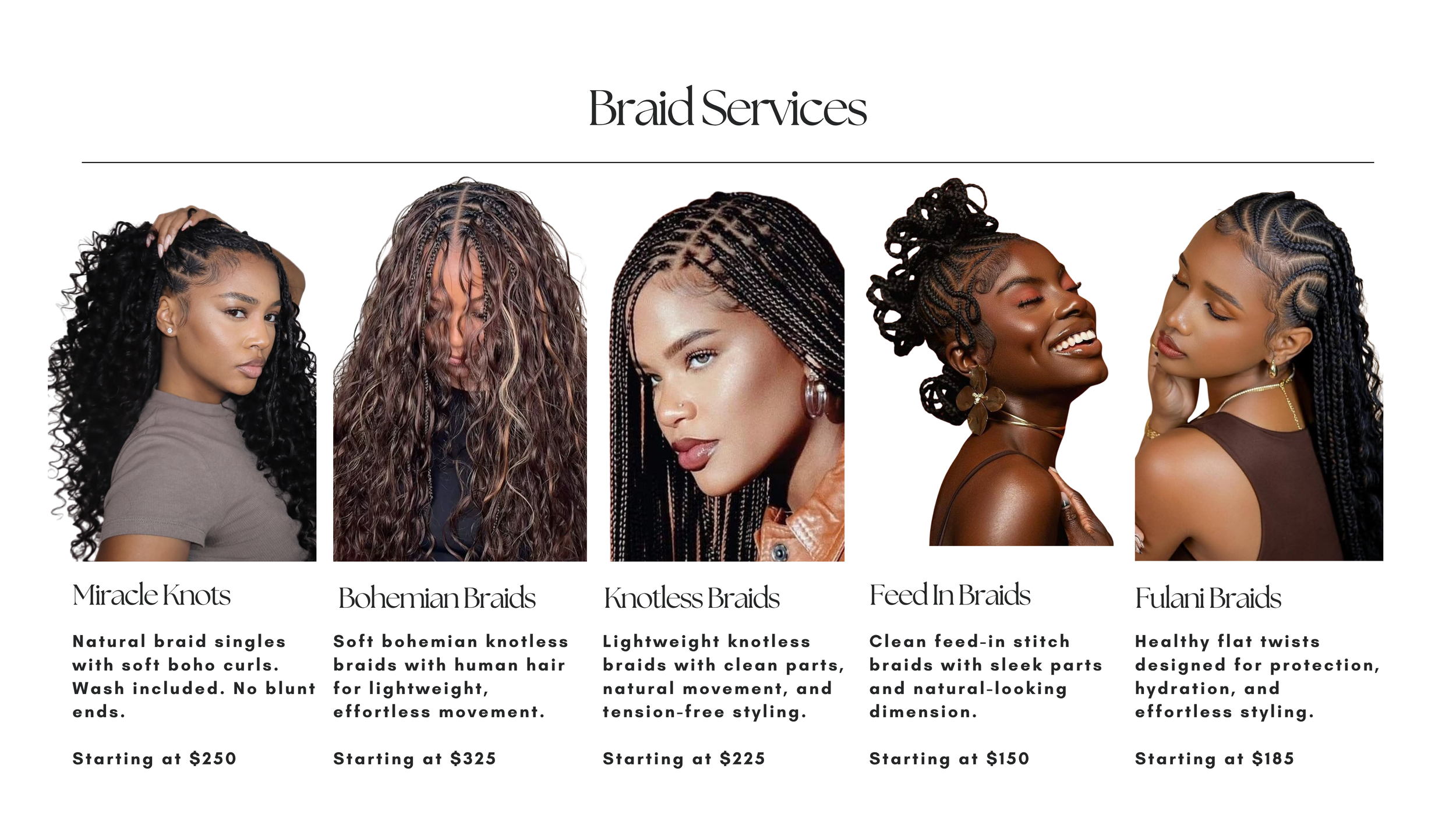 Luxury braid services at The Penthouse Salon in Braintree, MA, featuring miracle knots, bohemian braids, knotless braids, feed-in braids, and Fulani braids with clean parts, healthy protective styling, and long-lasting results.