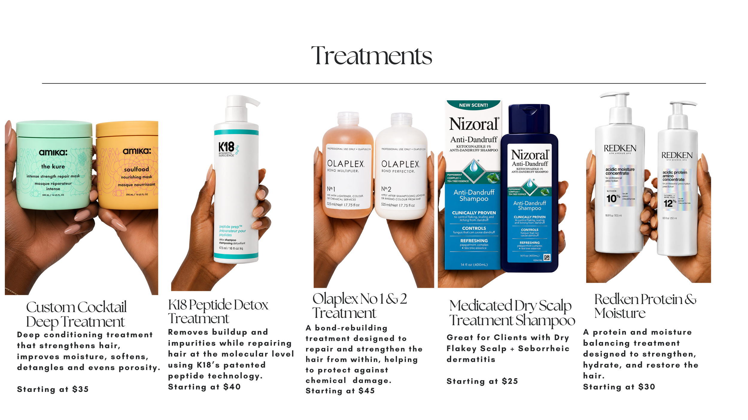 Professional hair treatments at The Penthouse Salon including K18 Peptide Detox, Olaplex No. 1 & No. 2, deep conditioning treatments, scalp treatments, protein treatments, moisture treatments, and healthy hair repair for textured hair.