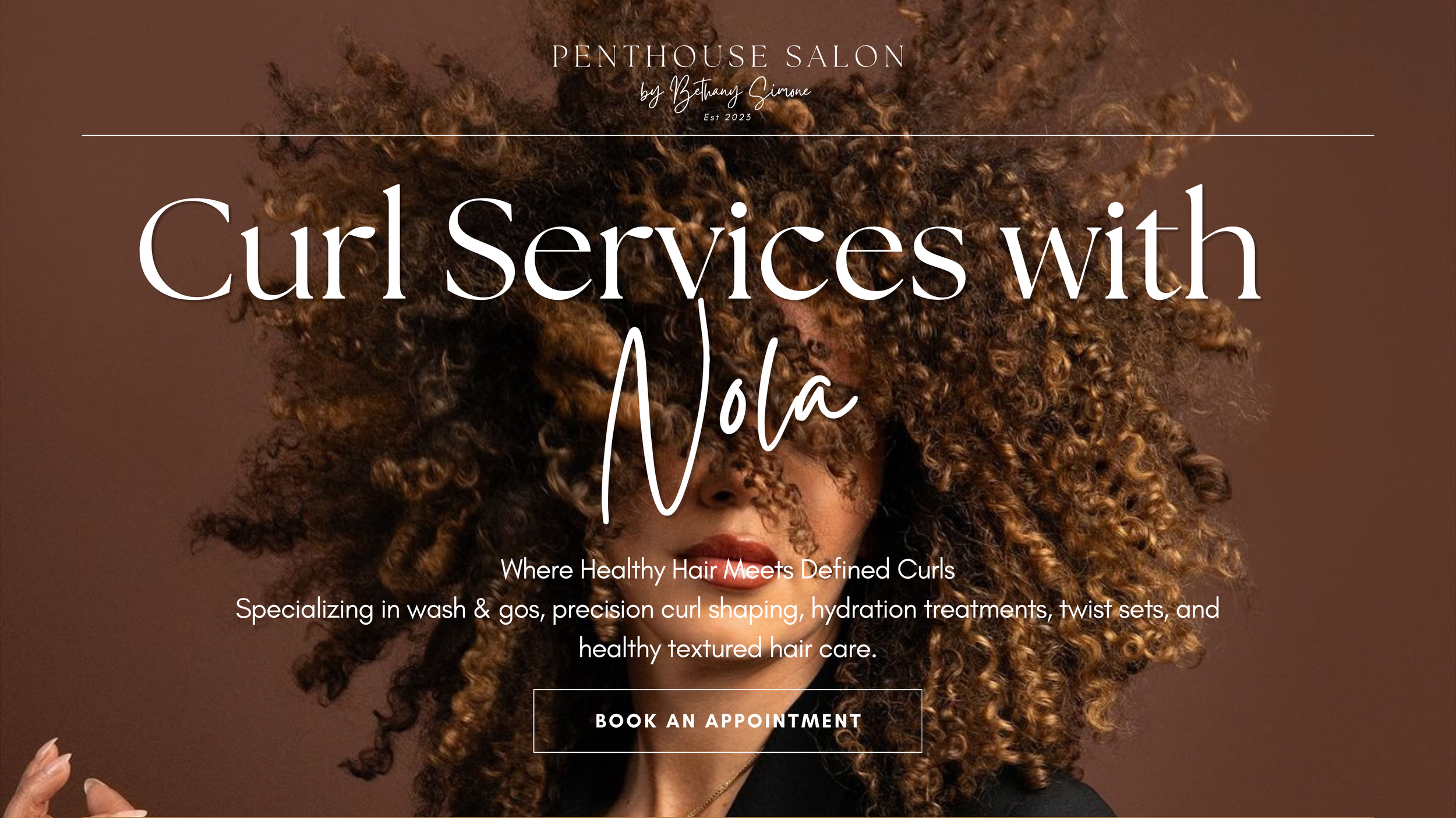 Luxury curly hair services at The Penthouse Salon in Braintree, MA. Curl specialist Nola offers wash-and-go styling, precision curl cuts, hydration treatments, twist sets, and healthy texted hair care for all curl patterns.