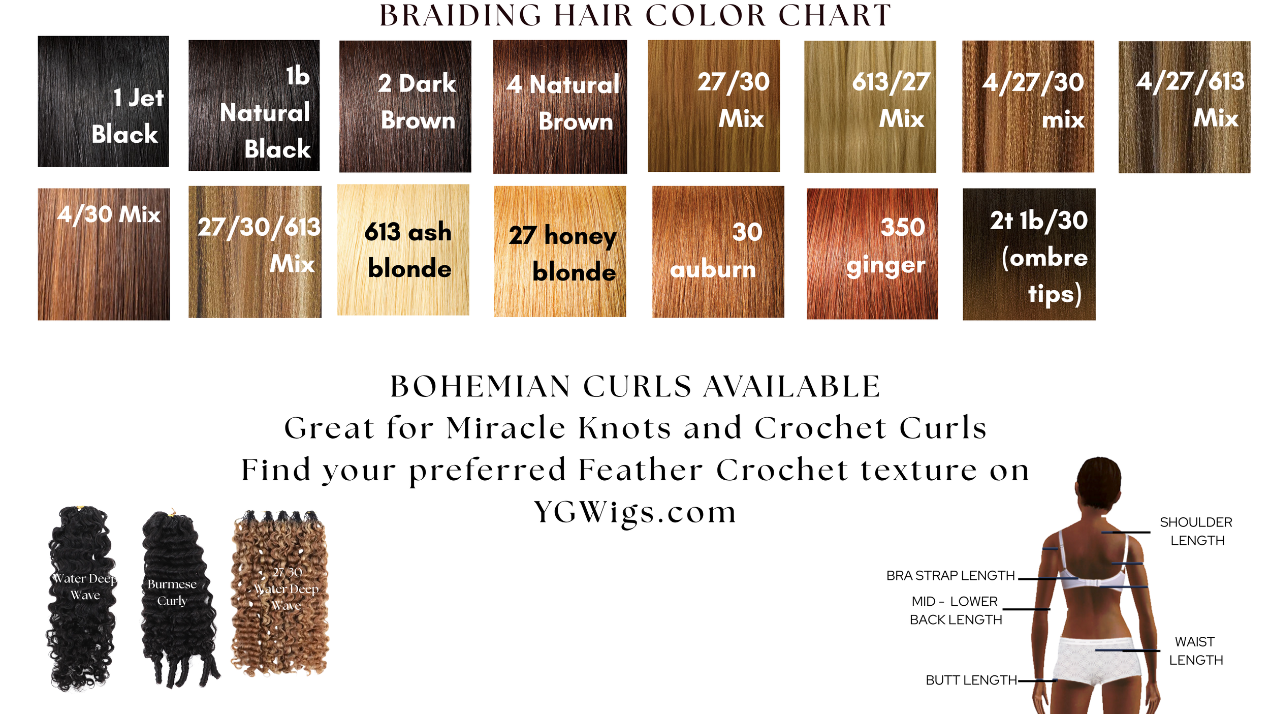 Braiding hair color chart at The Penthouse Salon in Braintree, MA, featuring available braid colors, bohemian curl textures, and length guide to help clients choose the perfect protective style before their appointment.