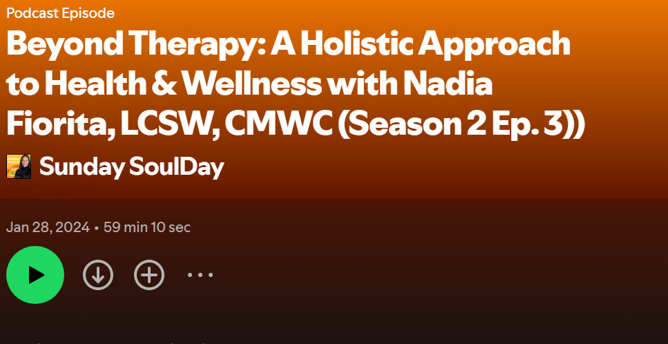 Podcast title screen for 'Beyond Therapy: A Holistic Approach to Health & Wellness with Nadia Fiorita, LCSW, CMWC,' episode of Sunday SoulDay, date January 28, 2024, duration 59 minutes and 10 seconds.