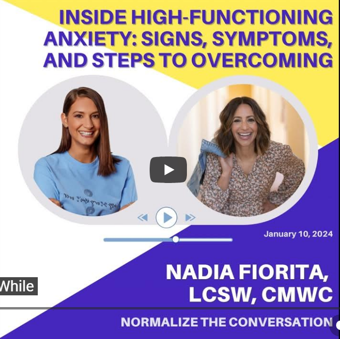 A presentation slide titled 'Inside High-Functioning Anxiety: Signs, Symptoms, and Steps to Overcoming' features two women smiling, one wearing a blue shirt and the other holding a blue jacket, with the name Nadia Fiorita, LCSW, CMWC and the date January 10, 2024, at the bottom.