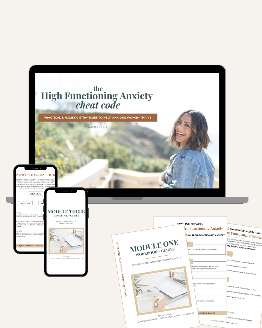 Digital marketing image showing a laptop, two smartphones, and several printed guides for a course on high functioning anxiety, featuring a smiling woman in a denim jacket outdoors.