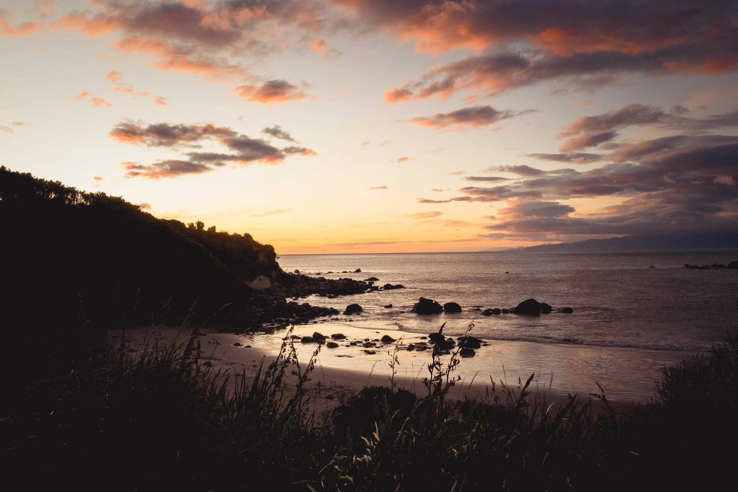 Sunset over a rocky beach with calm water and a cloudy sky, with vegetation in the foreground and a distant landmass on the horizon.