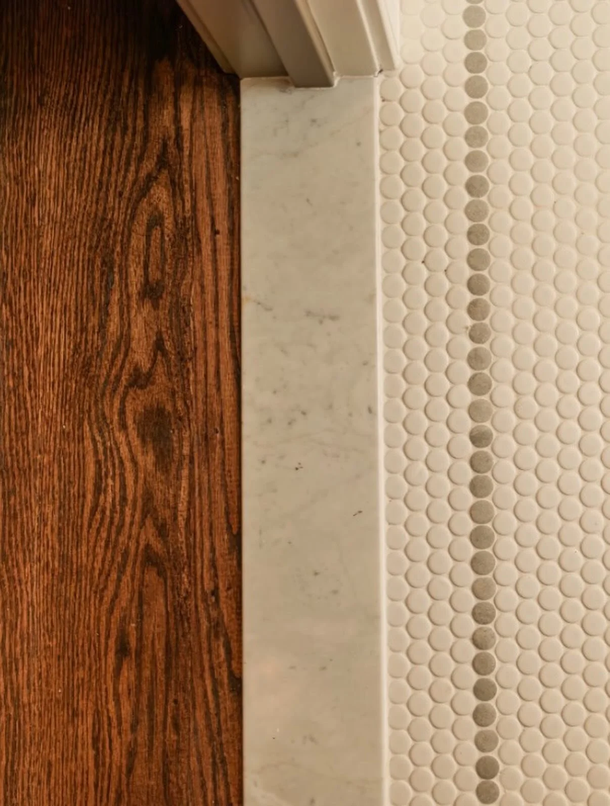 Love a good floor transition. Especially this one because our guy, Kane helped create the custom pattern in our little penny tiles 🤍 

#teachthemyoungsotheirwivesdonthaveto #intudesign #annapolisdesign #floortransitions