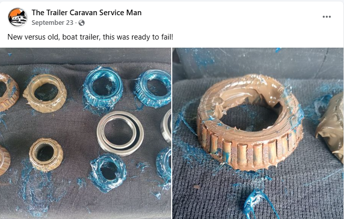 Close-up of various boat trailer wheel seals and parts, some damaged and others intact, displayed on a dark surface.