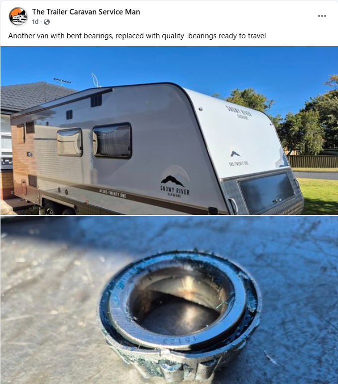 A white Snowy River caravan parked outdoors with a clear blue sky, showing a damaged wheel bearing in close-up.
