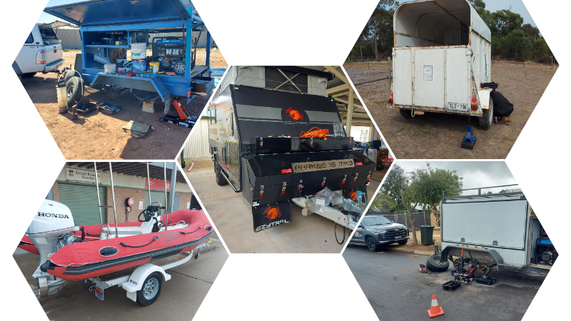 A collage of six images showing boat trailers, caravans, horse floats and commercial trailers at various locations.