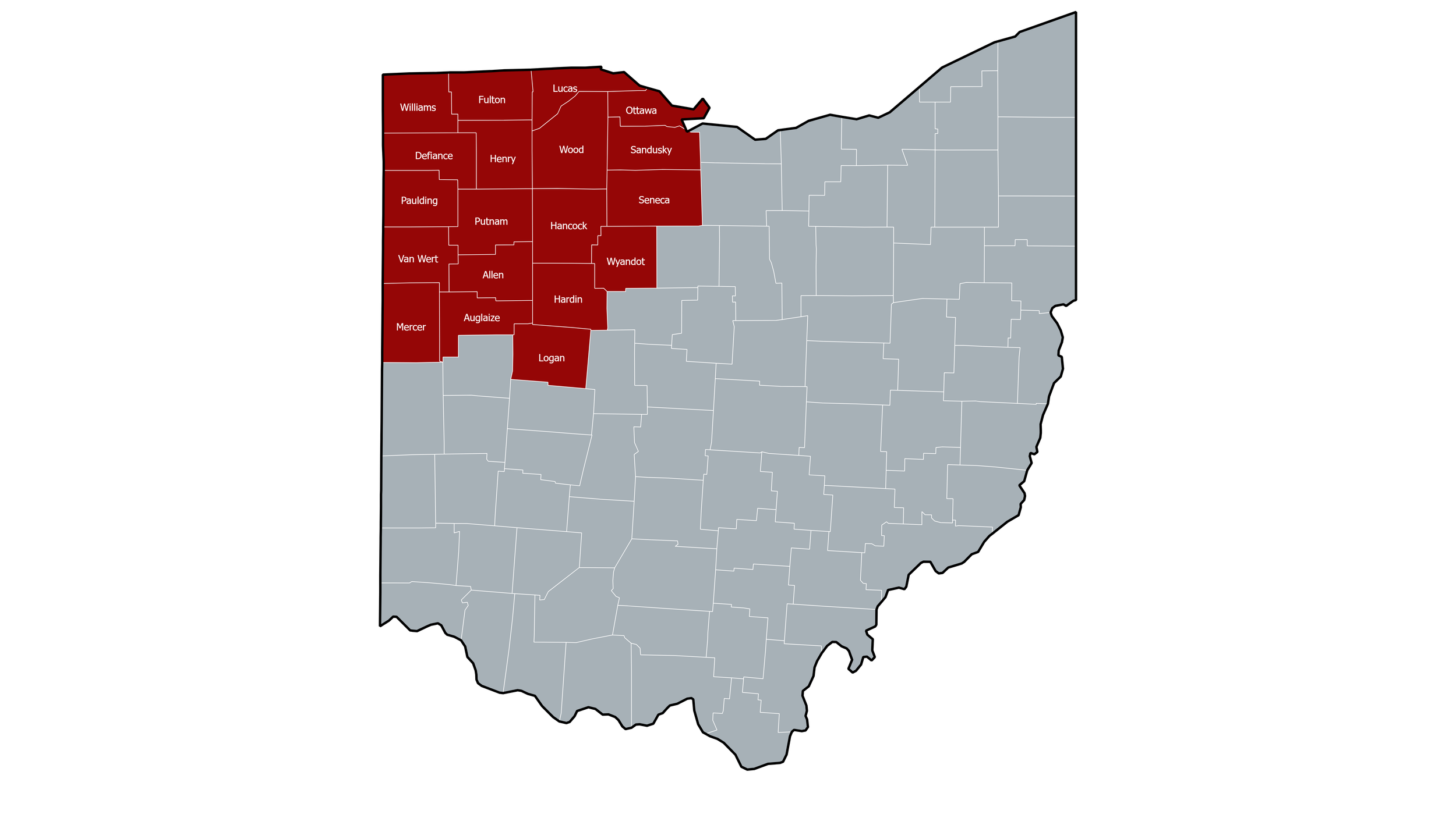 Map of Ohio with counties in the northwest corner emphasized in red and labeled, including Allen, Auglaize, Defiance, Fulton, Hancock, Henry, Logan, Lucas, Ottawa, Paulding, Putnam, Sandusky, Seneca, Van Wert, Mercer, Williams, Wood, Wyandot.