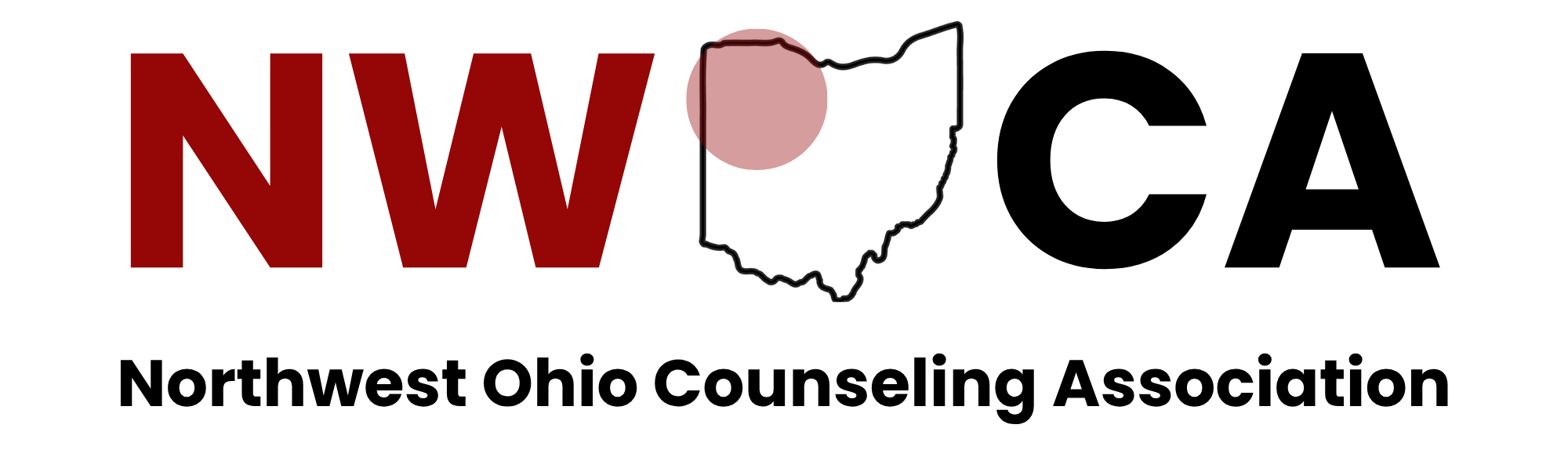 NWOCA horizontal logo, with the shape of Ohio as the letter O and a red dot representing the NWOCA region, with the words Northwest Ohio Counseling Association below the letters NWOCA