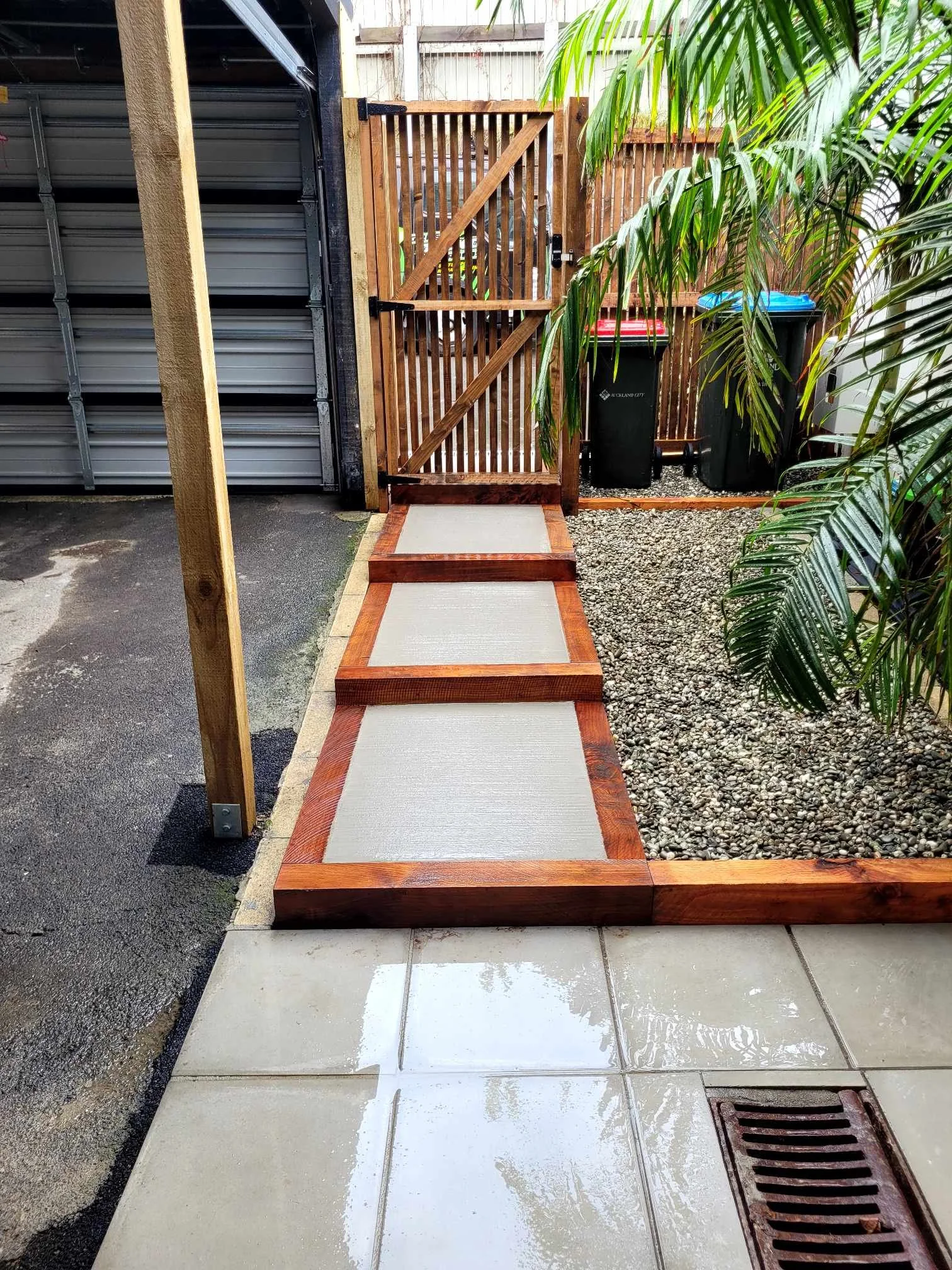Macrocarpa framed steps with cedar gate