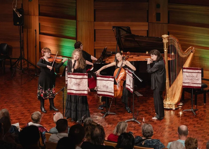 Julia Nicholls, Lucinda Nicholls, Stephanie Nicholls, Elena Wittkuhn, and Tresna Stampalia of Mirabilis Collective perform at Southern Stars — a celebration of contemporary chamber music written Australian women.
