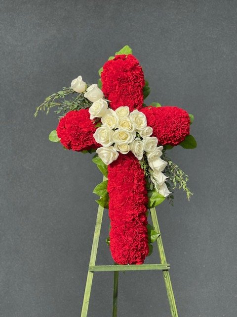 Standing Cross - Red with White Rose Cluster
