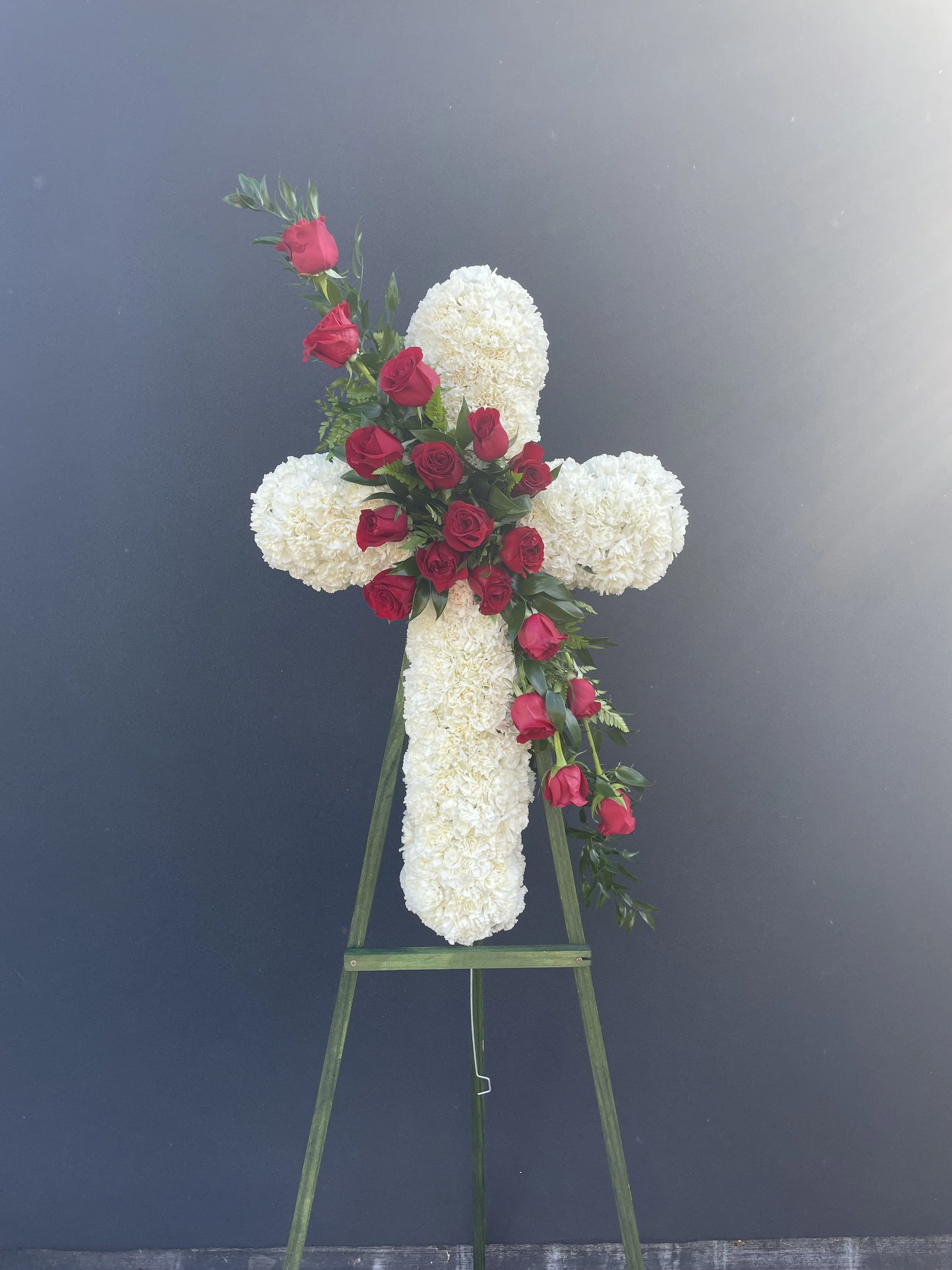 Standing Cross with Red Rose Cluster