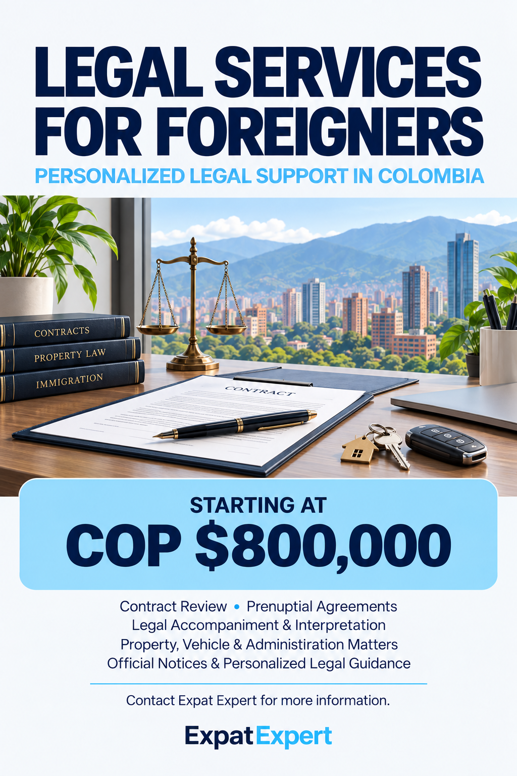 Legal services for foreigners in Colombia by Expat Expert, starting at COP $800,000 for contracts, prenuptial agreements, and legal guidance