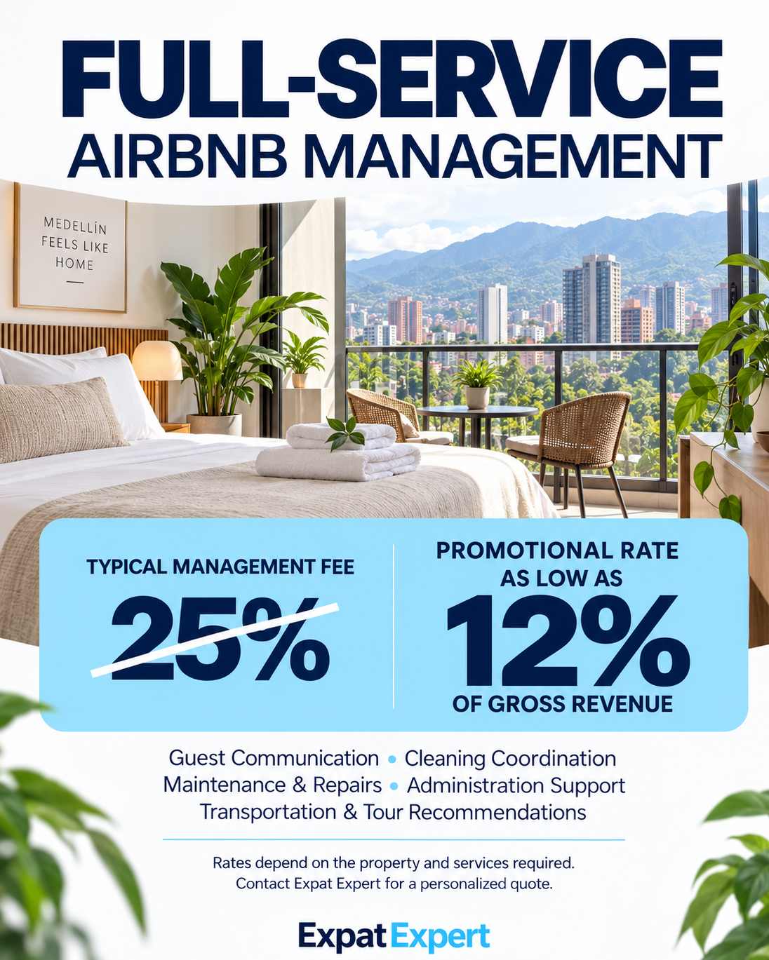 Full-service Airbnb property management in Medellín by Expat Expert, 12% of gross revenue promotional rate