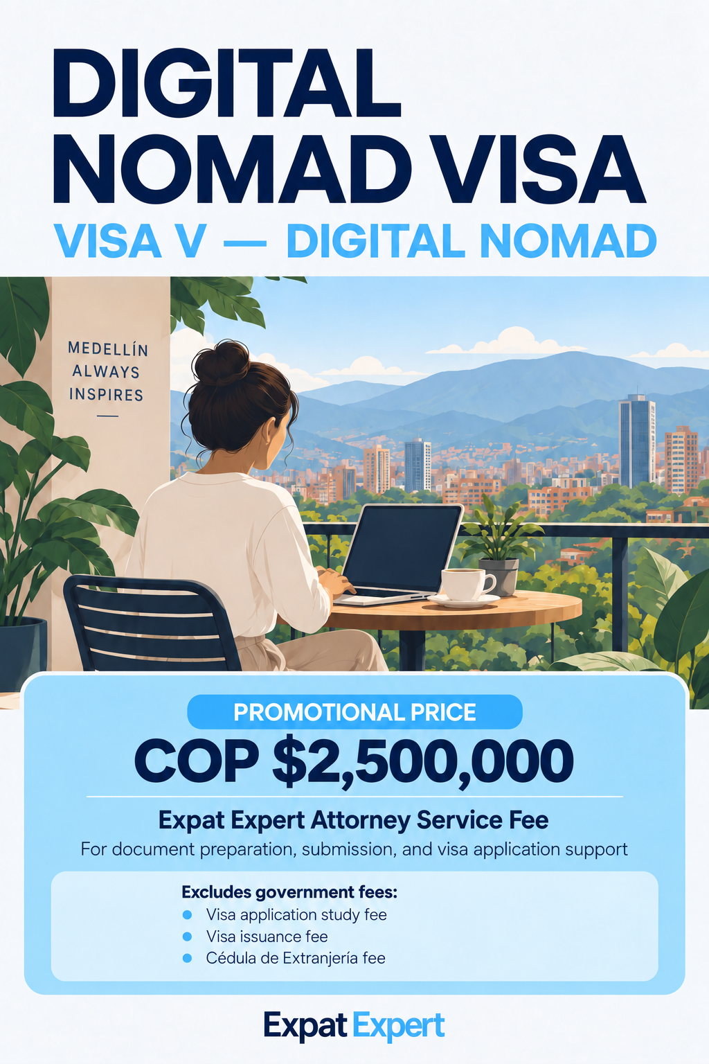 Colombia Digital Nomad Visa (Visa V) promotional graphic for remote workers and online business owners, Expat Expert visa services