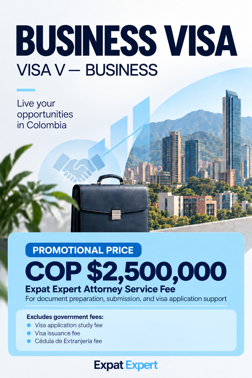 Business Visa (Type M) promotional graphic for expats starting a company or investing in Colombia, Expat Expert visa services