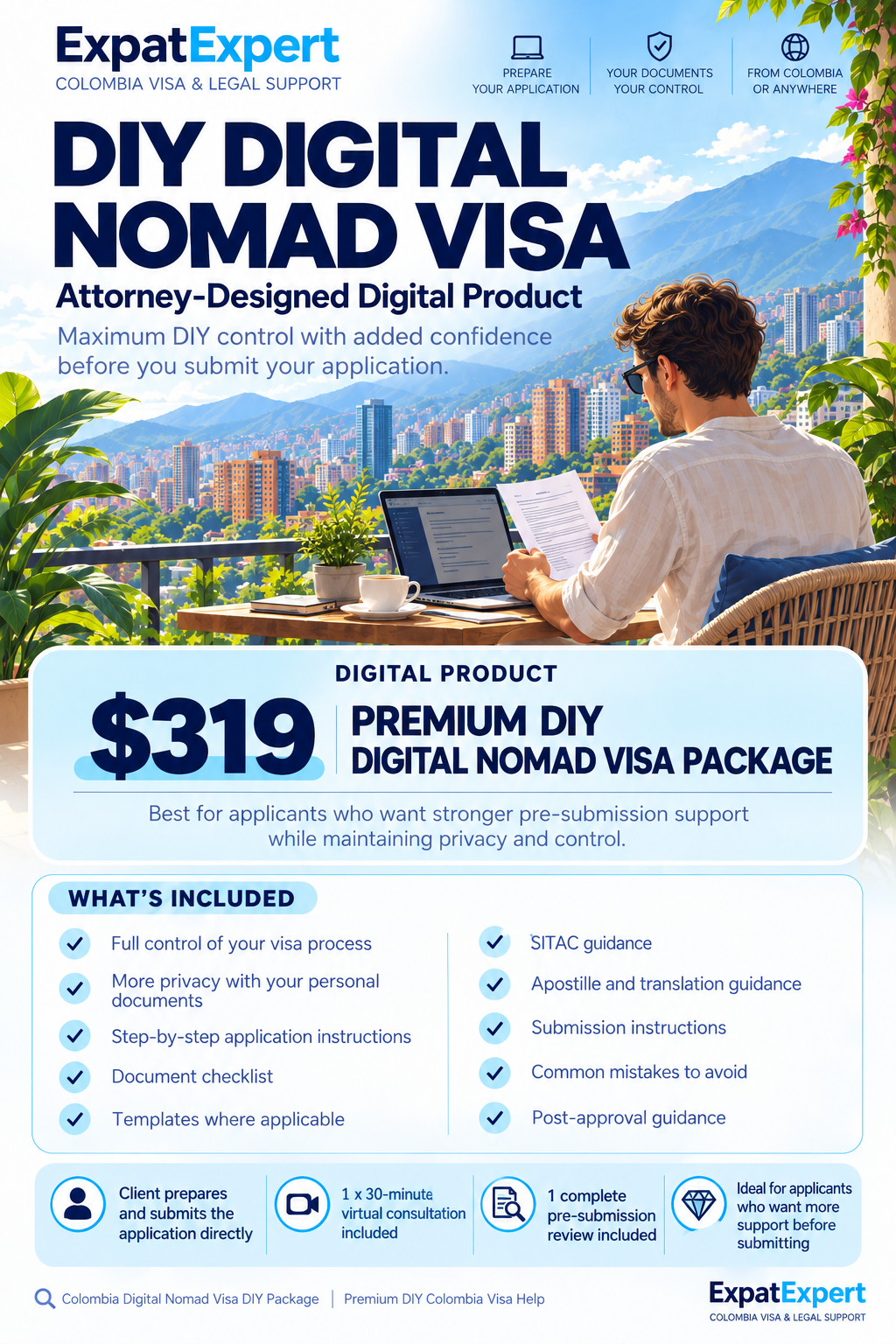 Colombia Digital Nomad Visa Premium DIY Package by Expat Expert - attorney-designed digital product with consultation and pre-submission review
