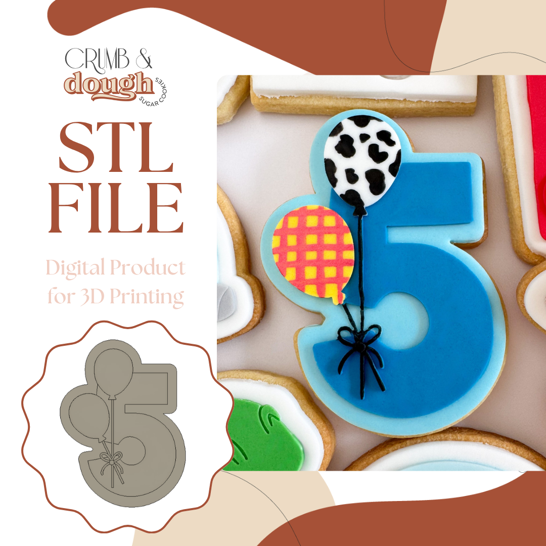 Number 5 with Balloons Cookie Stamp & Cutter STL File