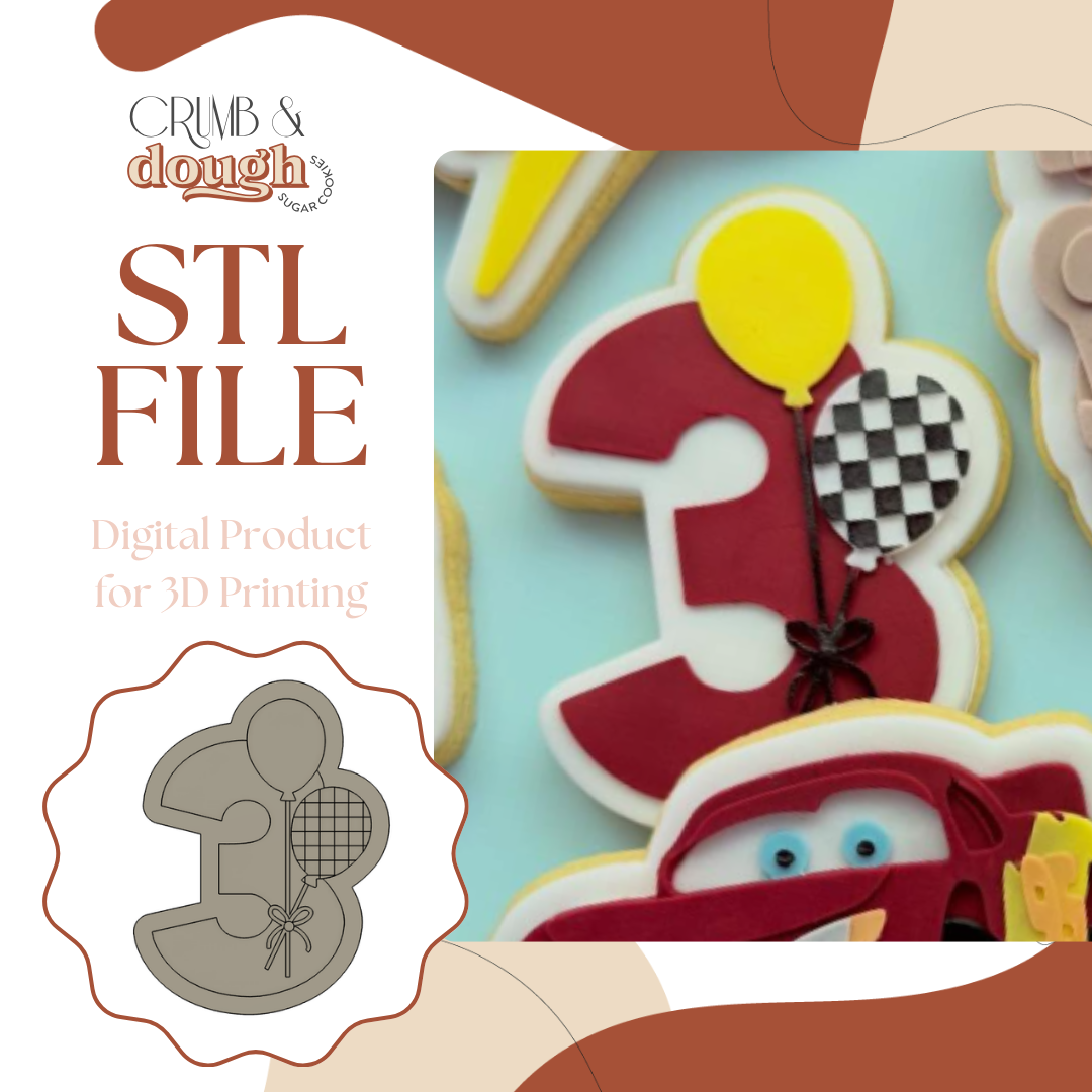 Number 3 with Checkered Balloons Cookie Stamp & Cutter STL File