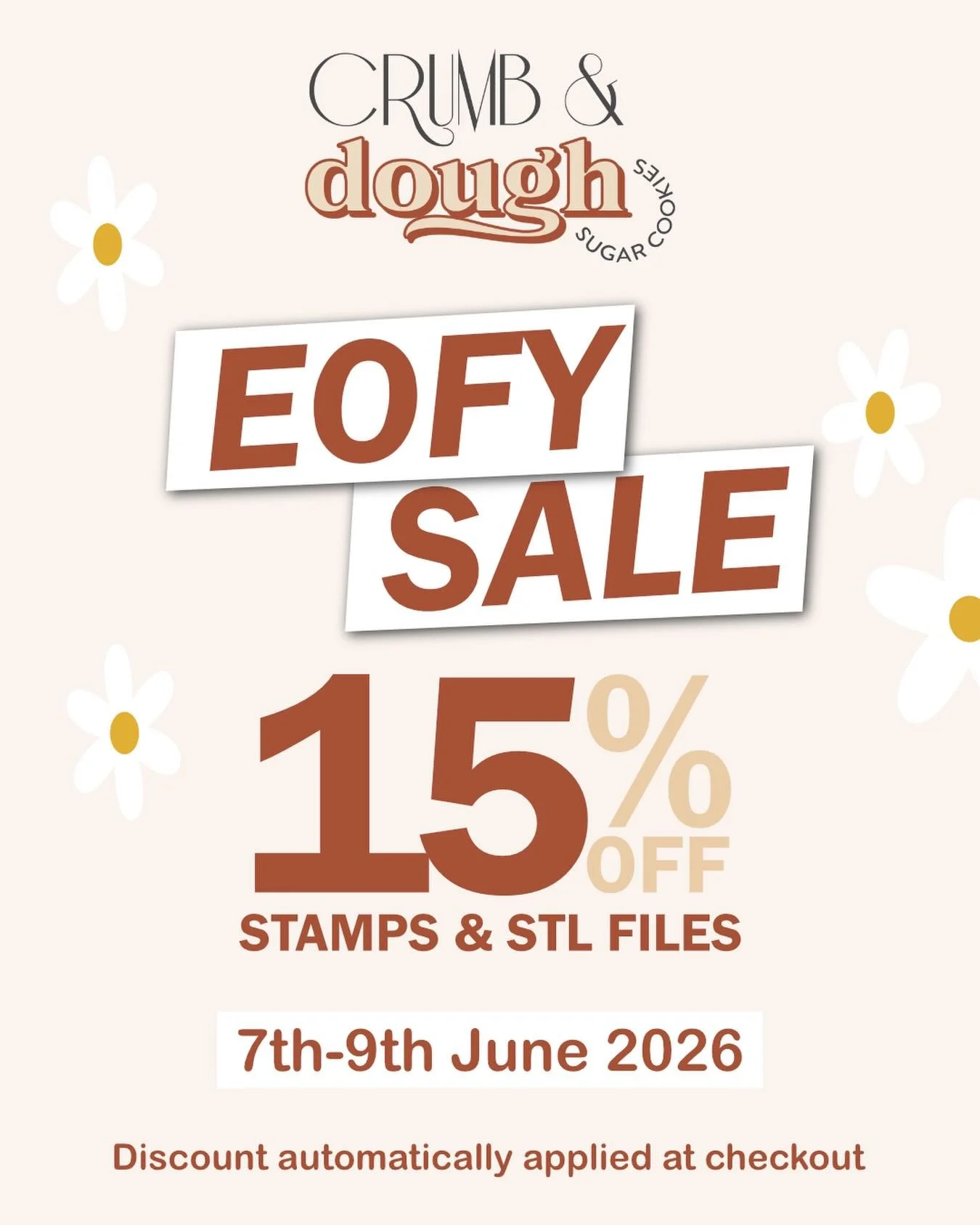 *STARTING TOMORROW*
Welllll you guys asked for it so here it is! EOFY sale running STRICTLY from 7th-9th June, 15% off all physical stamps &amp; cutters and STL files (both on my website and Etsy). Discount automatically applies at checkout.
After th