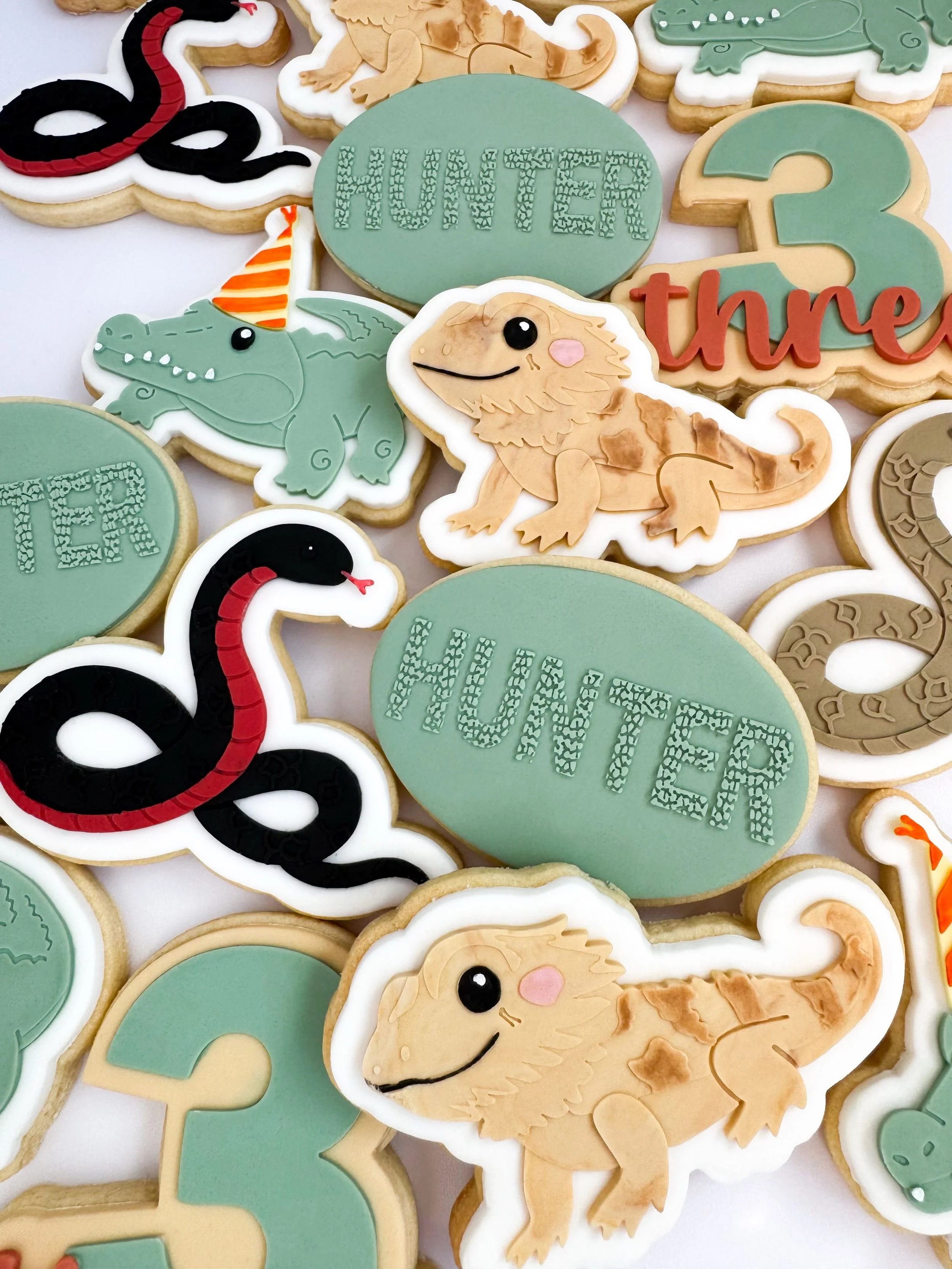 Hunter turns 3 with cookies made to match his reptile party🦎🐍 

Cookie package: DELUXE