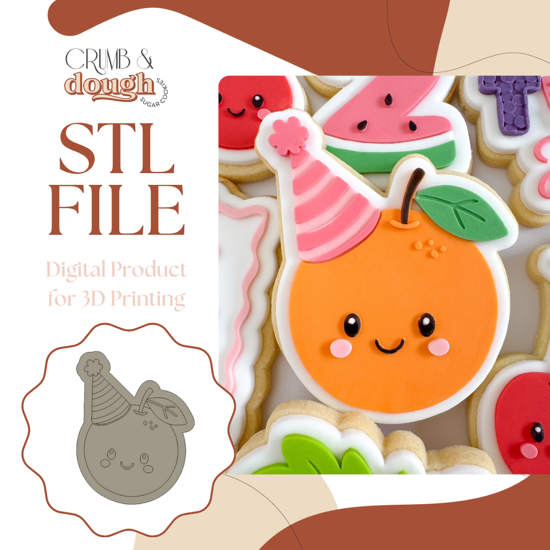 Happy Orange with Party Hat Cookie Stamp & Cutter STL File