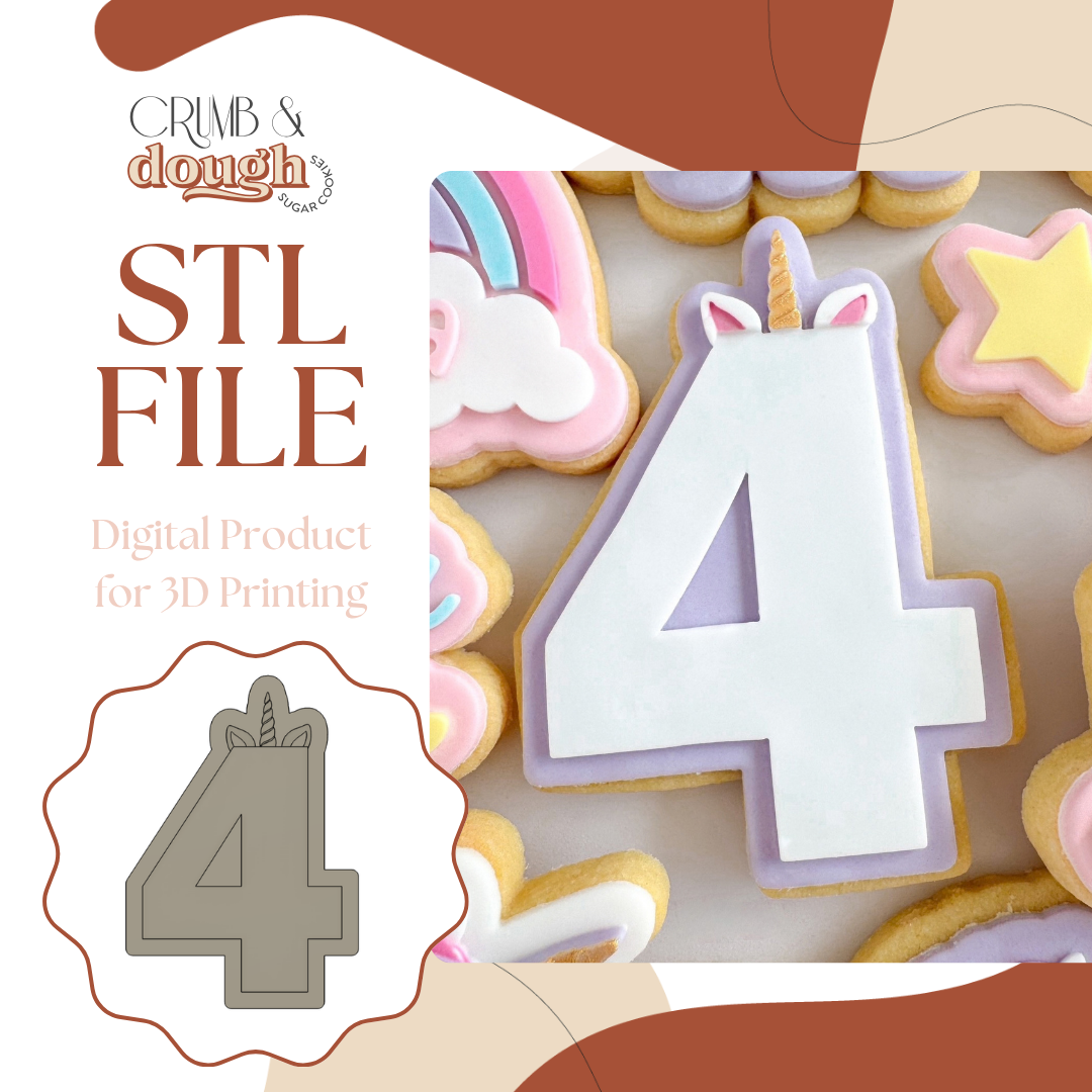 Number 4 with Unicorn Horn Cookie Stamp & Cutter STL File