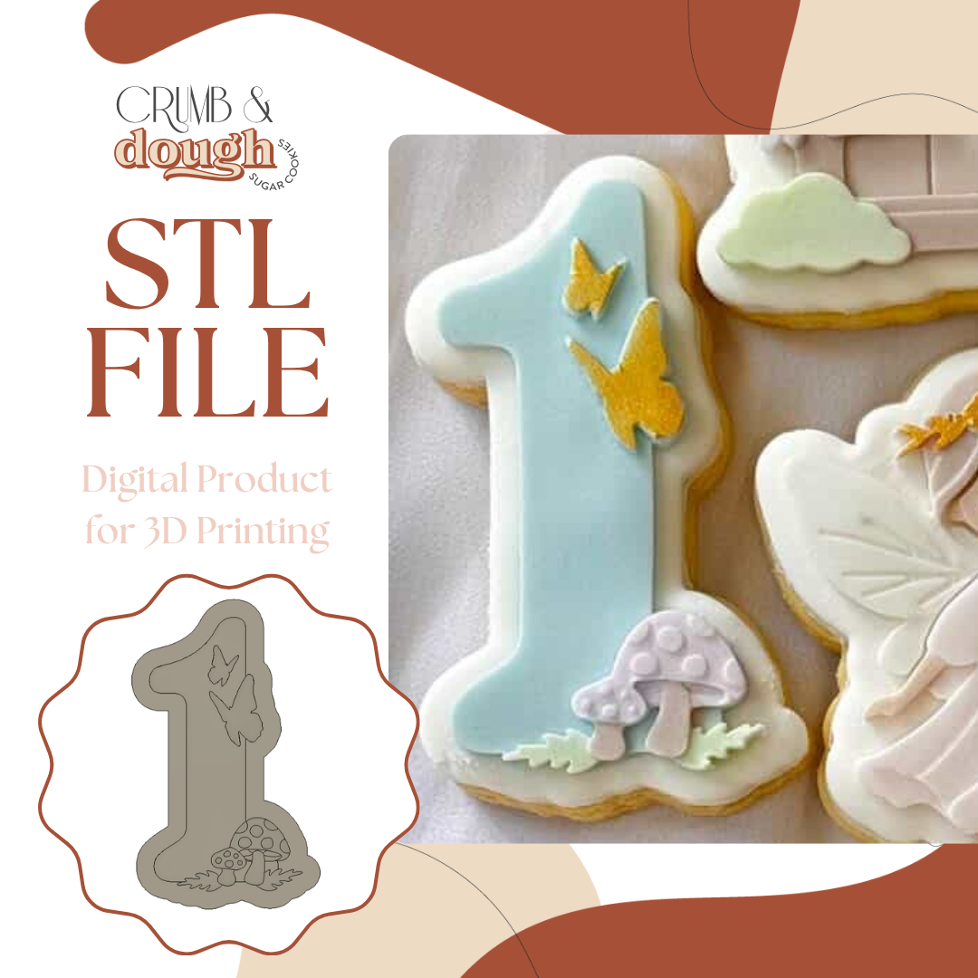 Number 1 with Butterflies and Toadstool Cookie Stamp & Cutter STL File