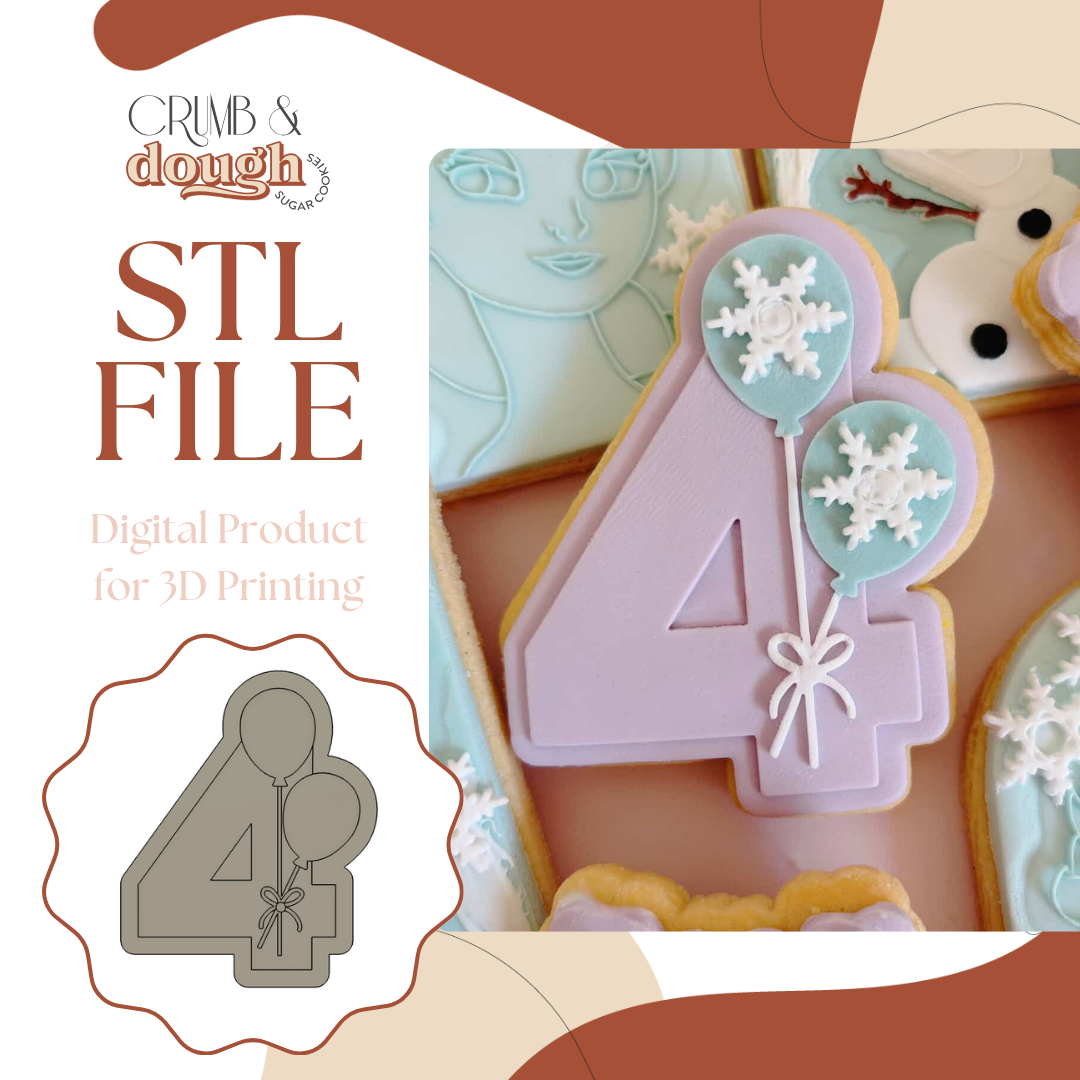 Number 4 with Balloons Cookie Stamp & Cutter STL File