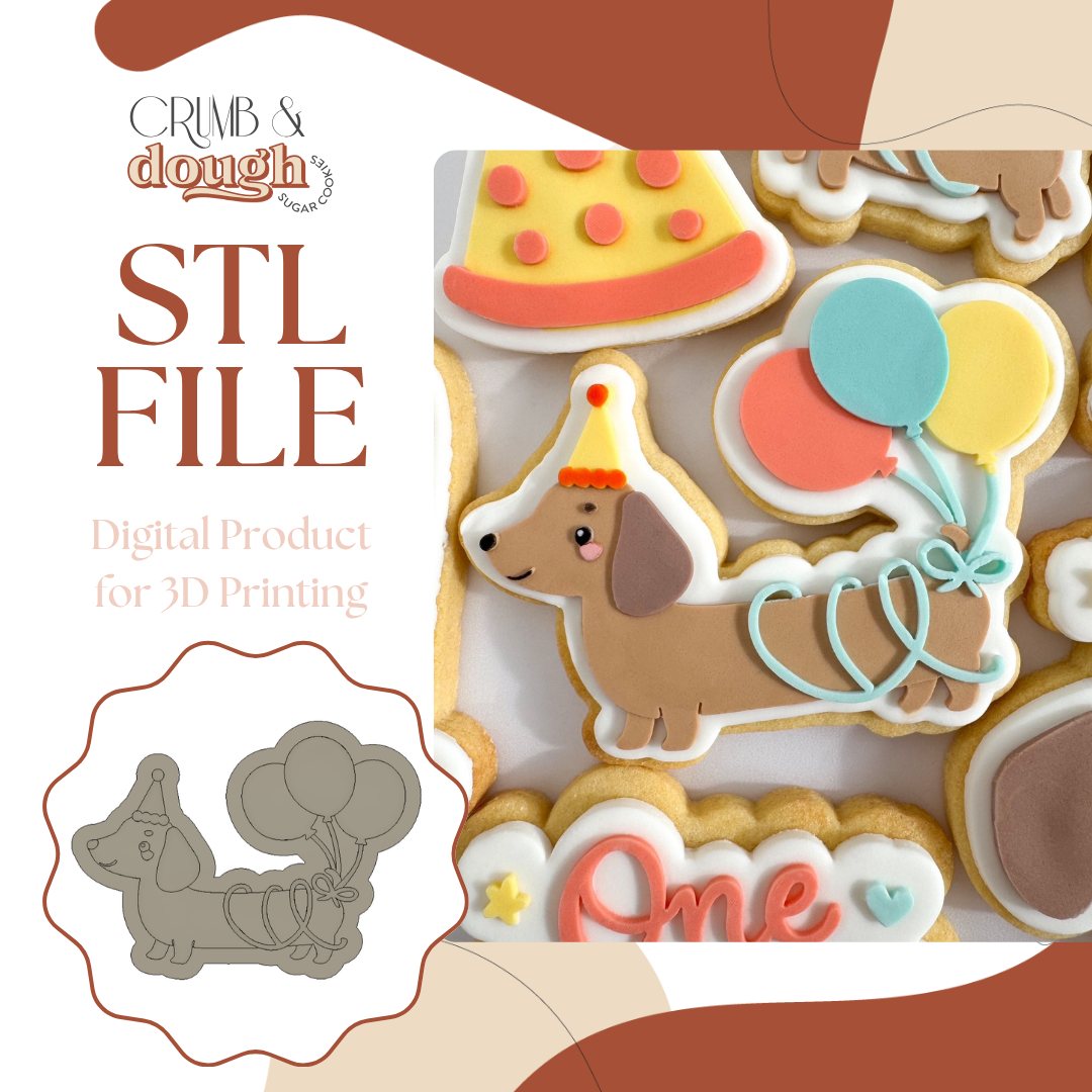 Dachshund Sausage Dog with Party Hat and Balloon Cookie Stamp & Cutter STL File