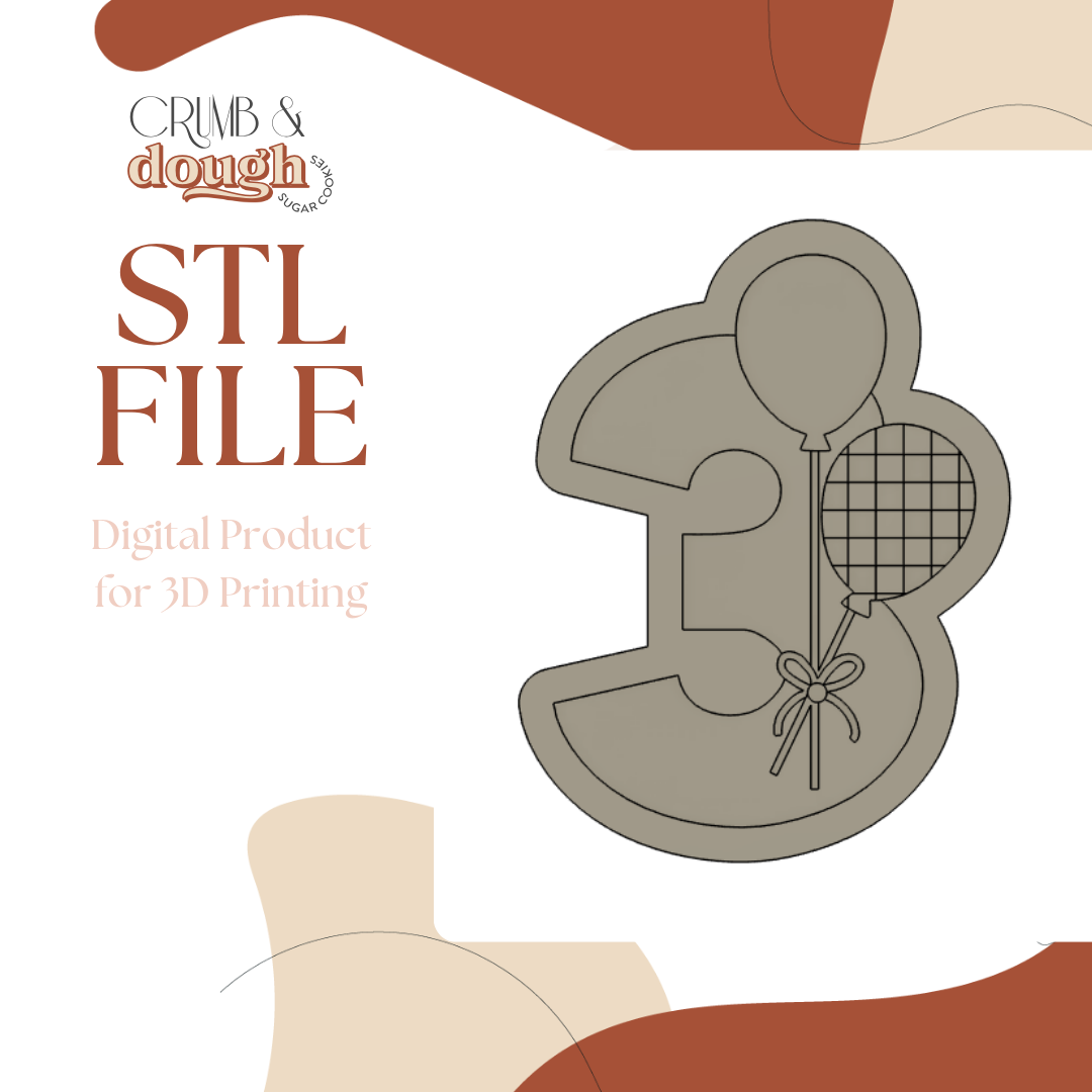 Number 3 with Checkered Balloons Cookie Stamp & Cutter STL File