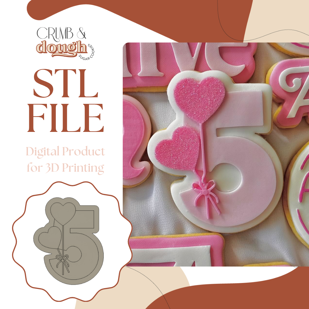 Number 5 with Heart Balloons Cookie Stamp & Cutter STL File
