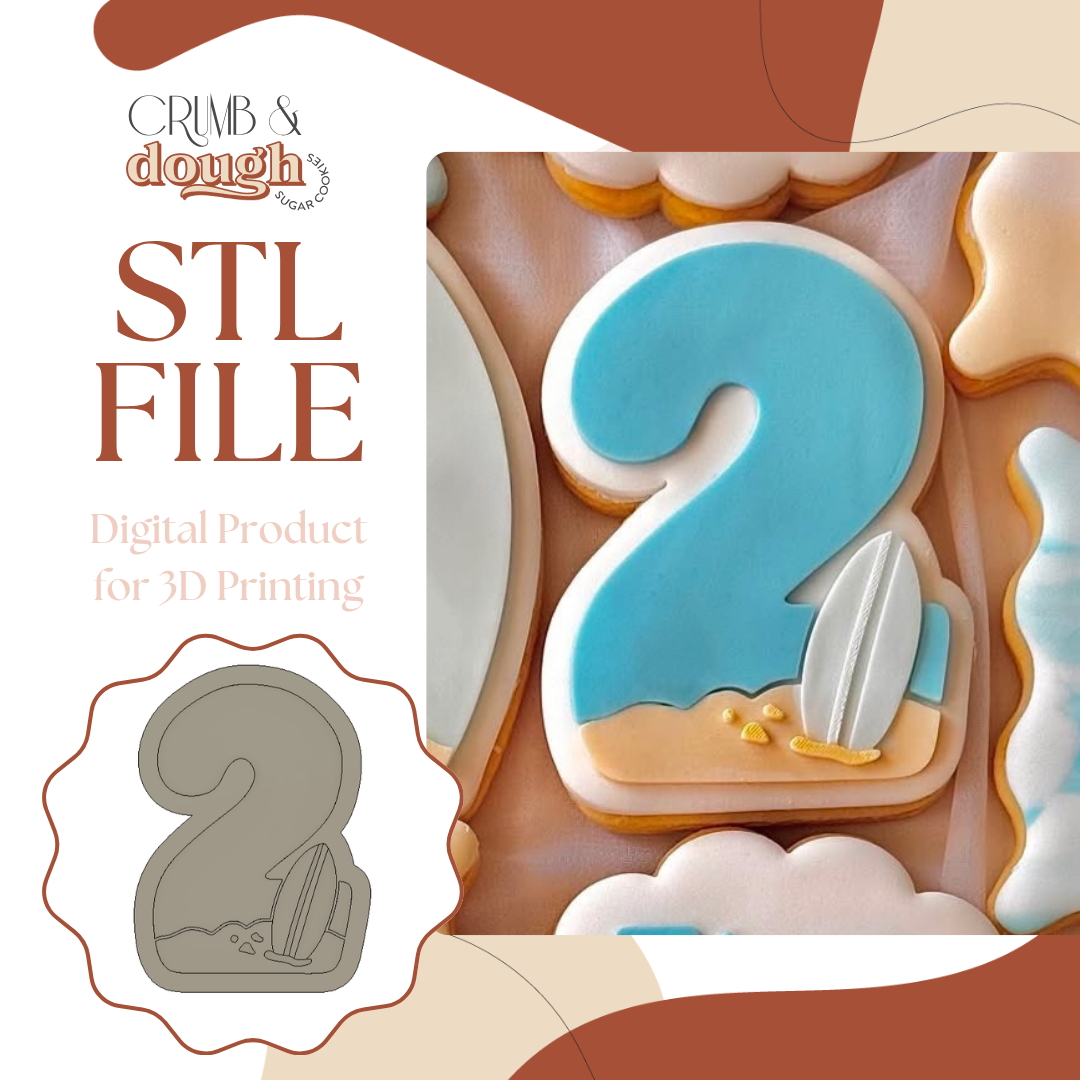 Number 2 with Surfboard Cookie Stamp & Cutter STL File