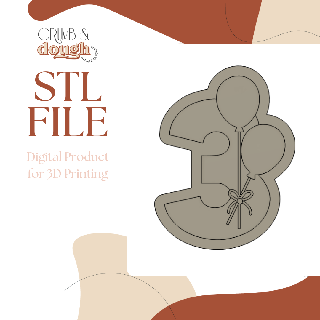 Number 3 with Balloons Cookie Stamp & Cutter STL File