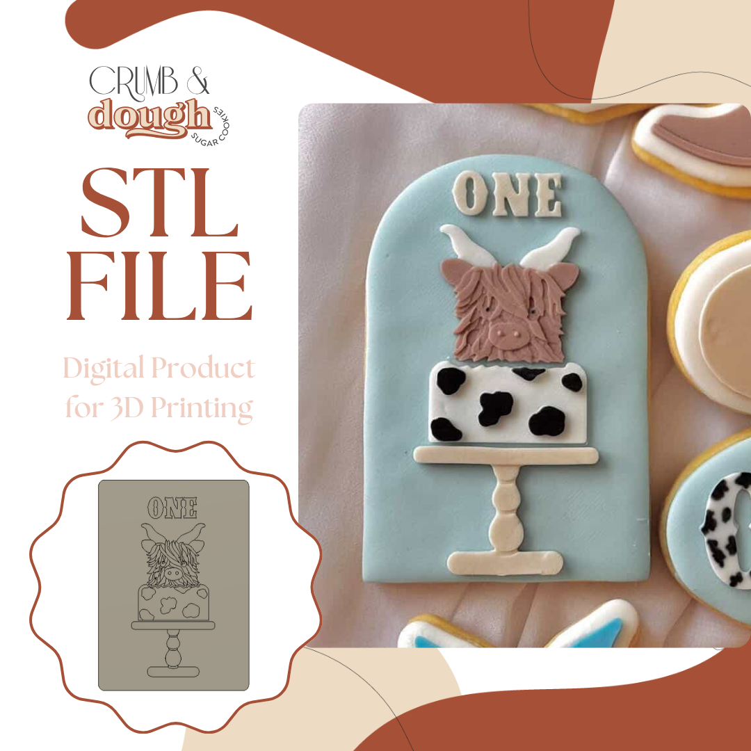 ONE Highland Cow Birthday Cake Cookie Stamp & Cutter STL File