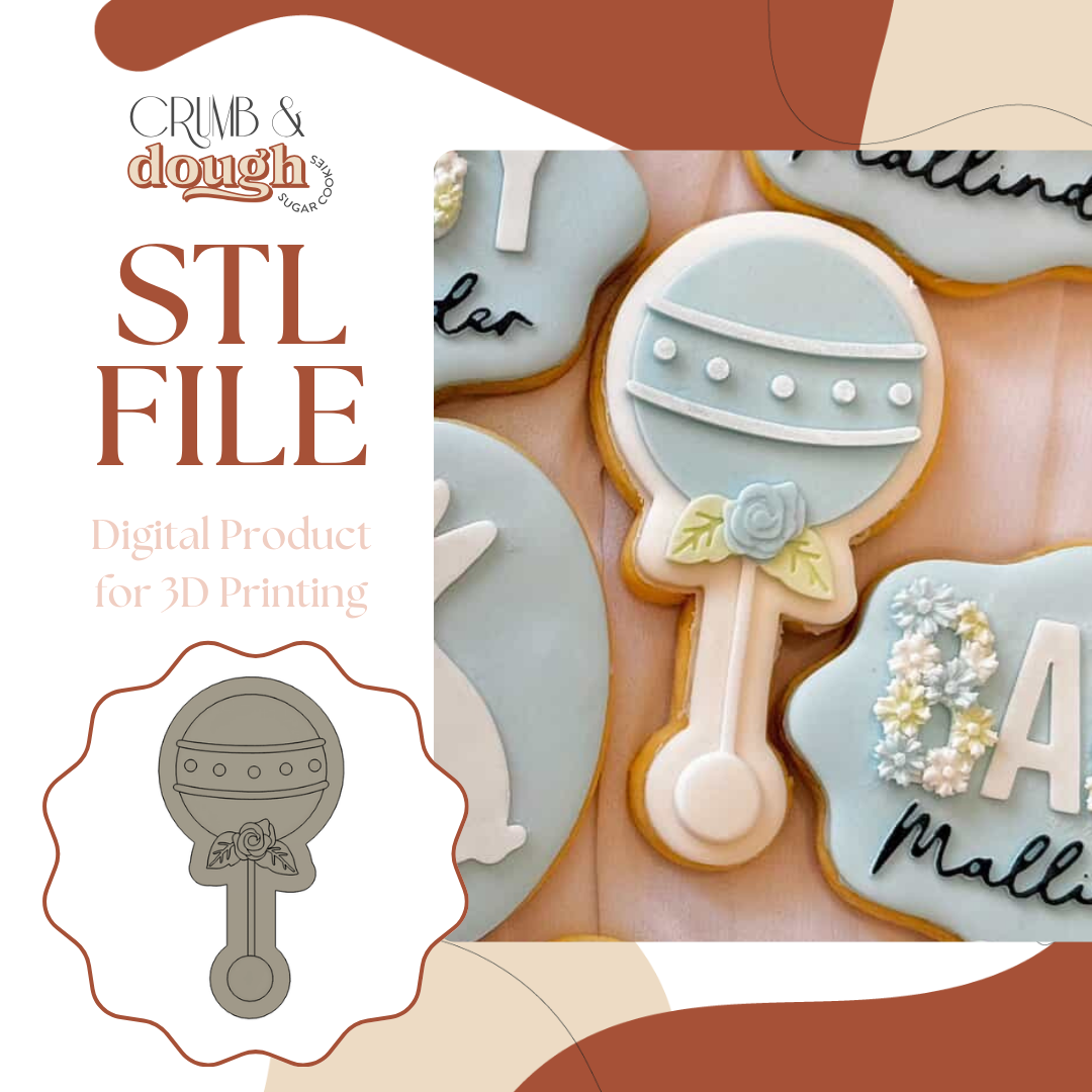 Baby Rattle with Rose Cookie Stamp & Cutter STL File