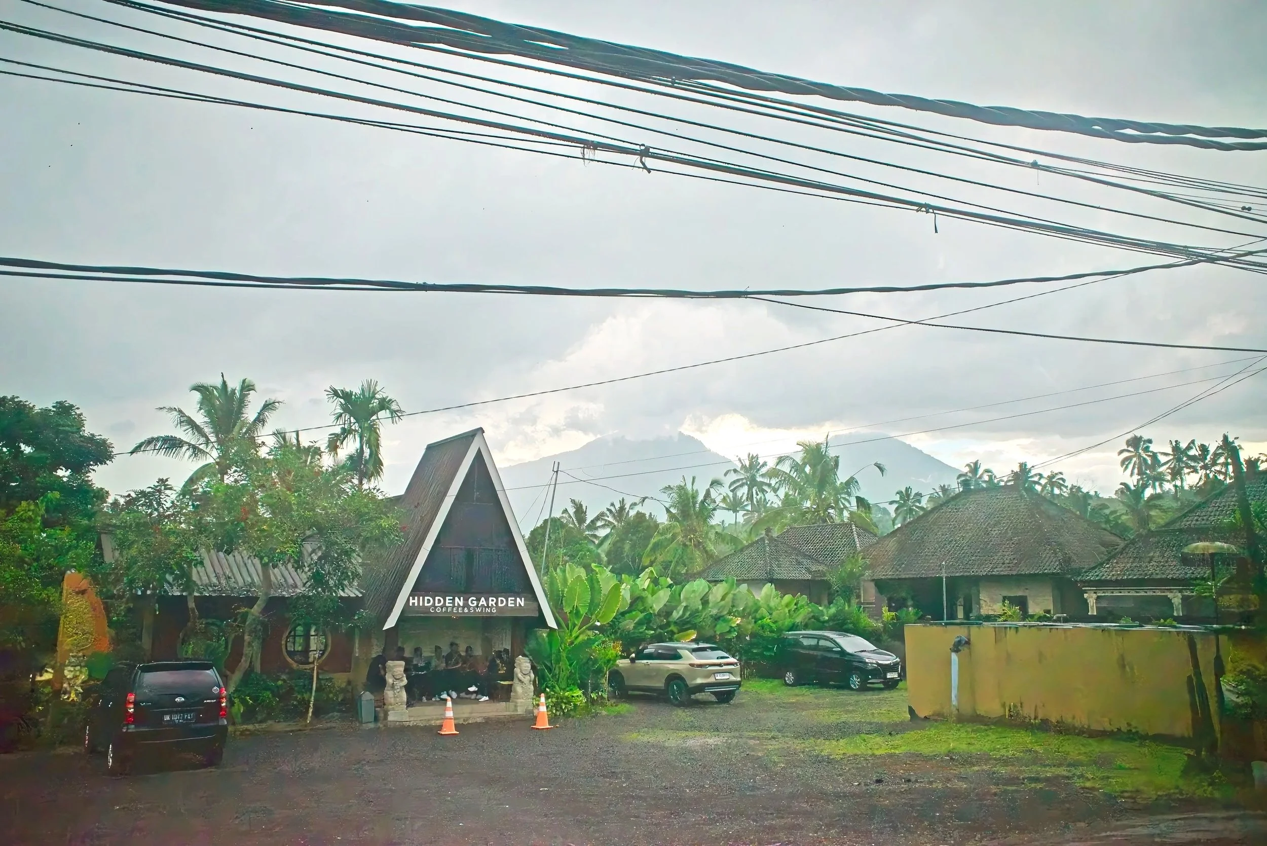 Our first view of Mount Batur through the electricity cables