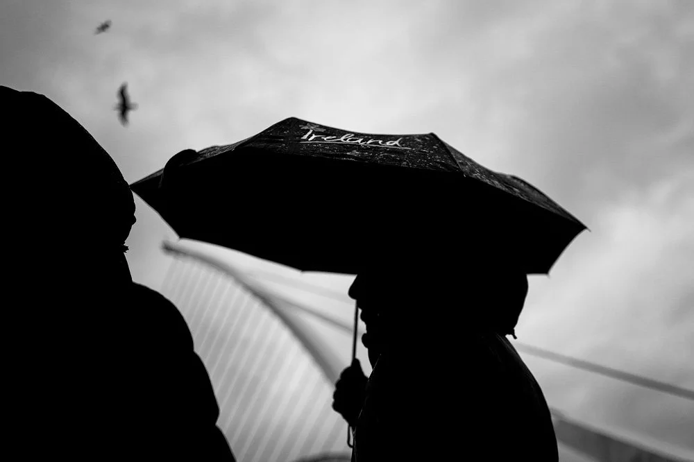 Silhouette of person holding umbrella with the word "Ireland" on it, against a cloudy sky, with birds flying in the background.