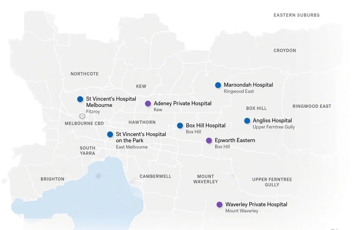 Map showing Dr Suat Chin Ng’s public and private hospital locations across Melbourne, including St Vincent’s, Maroondah, Box Hill, Angliss, Adeney Private, Epworth Eastern and Waverley Private.