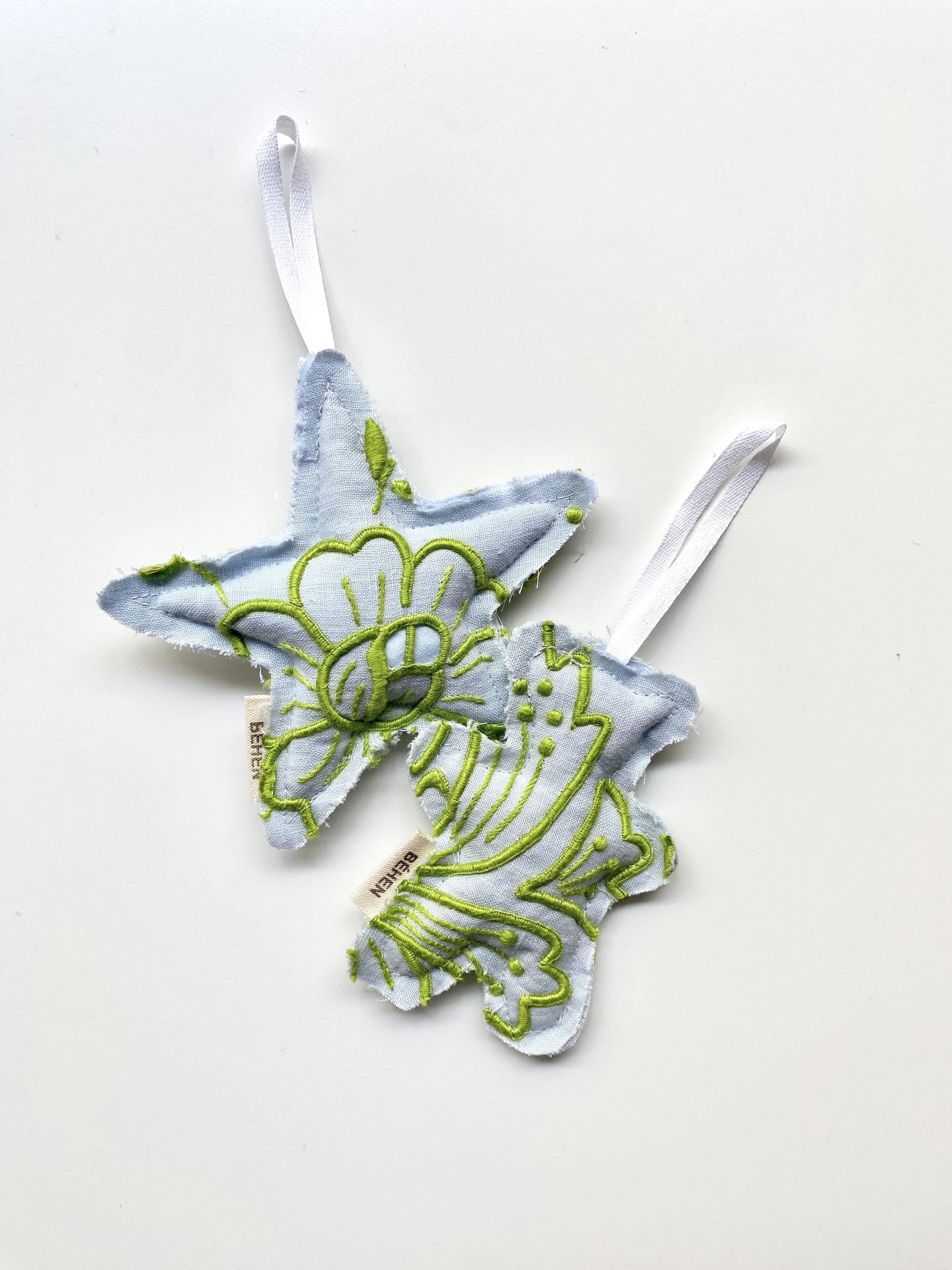 HAND-EMBROIDERED Madeira "BLUE & GREEN" SET – 2 ORNAMENTS