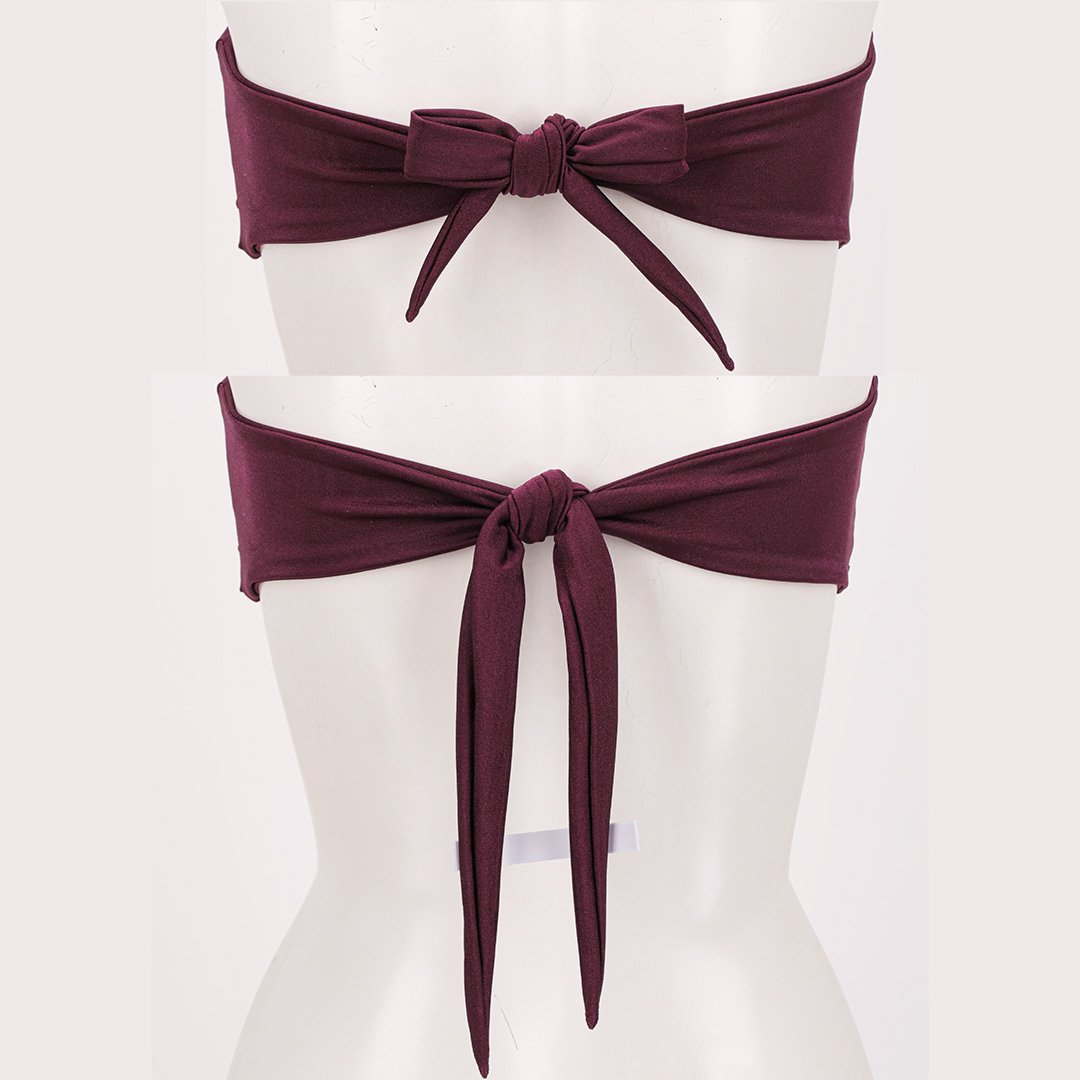 Two back views of the same swimwear top — knot tie and bow tie