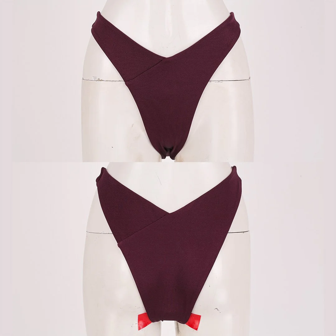 Front and back ghost mannequin photographs of the swimwear bottoms