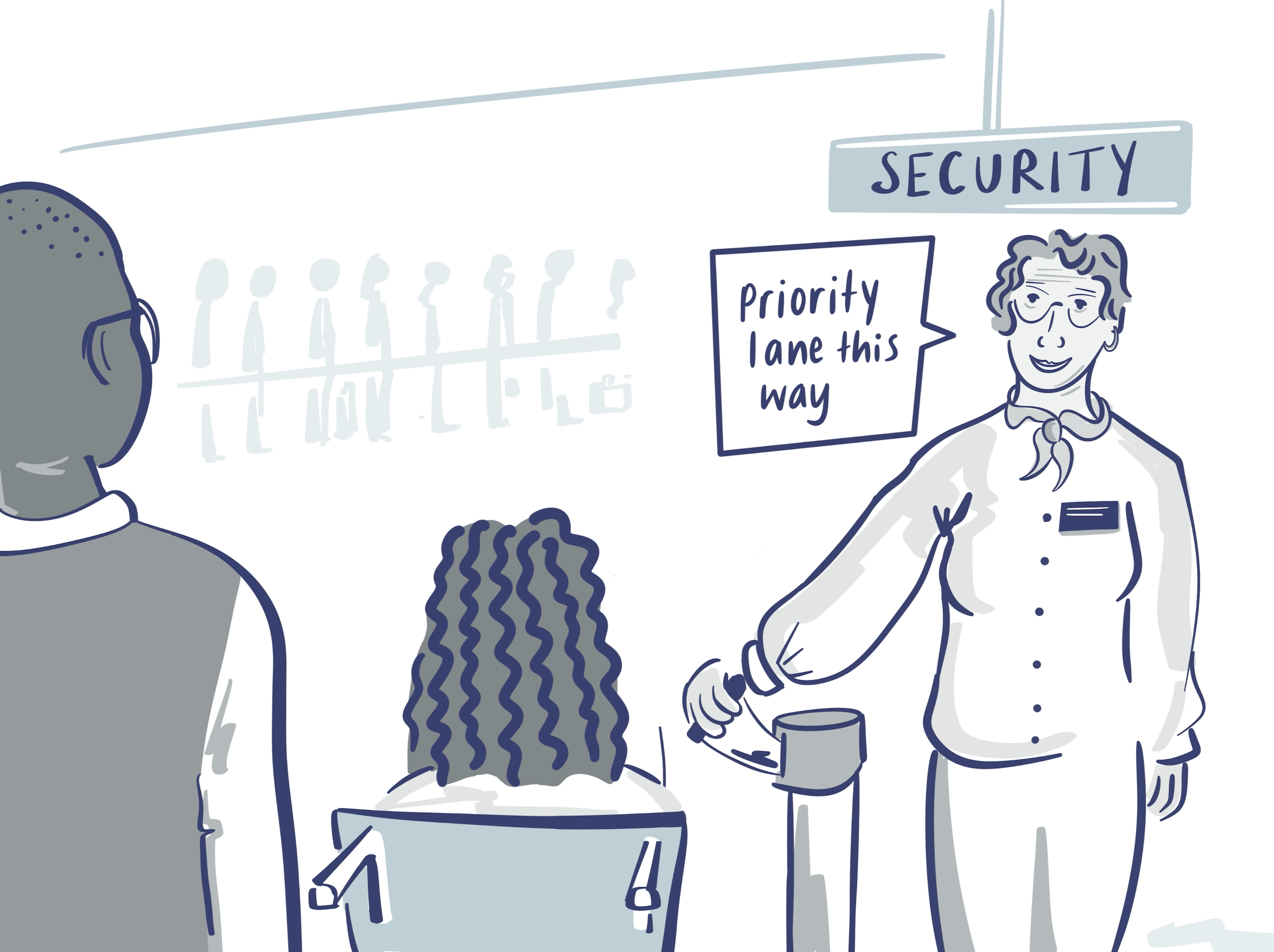 Original drawing by Esther Springett of a passenger in a wheelchair  at security with a sign saying "Priority lane this way"
