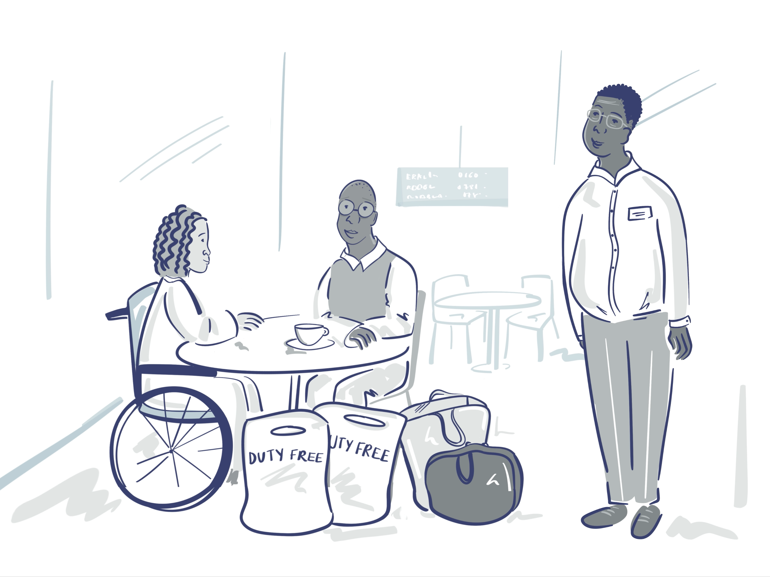 Original artwork by Esther Springett showing two passengers sitting at a table with duty free bags. One is in a wheelchair and someone else is standing at the side