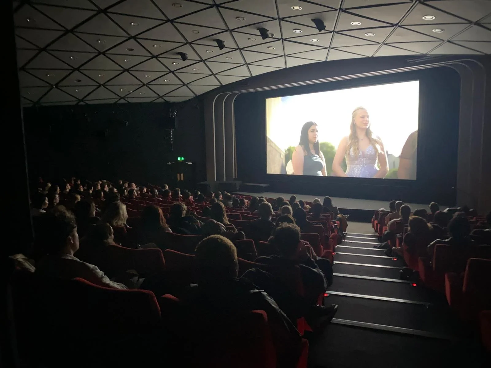 A cinema screen showing one of Esther's films with a full audience present