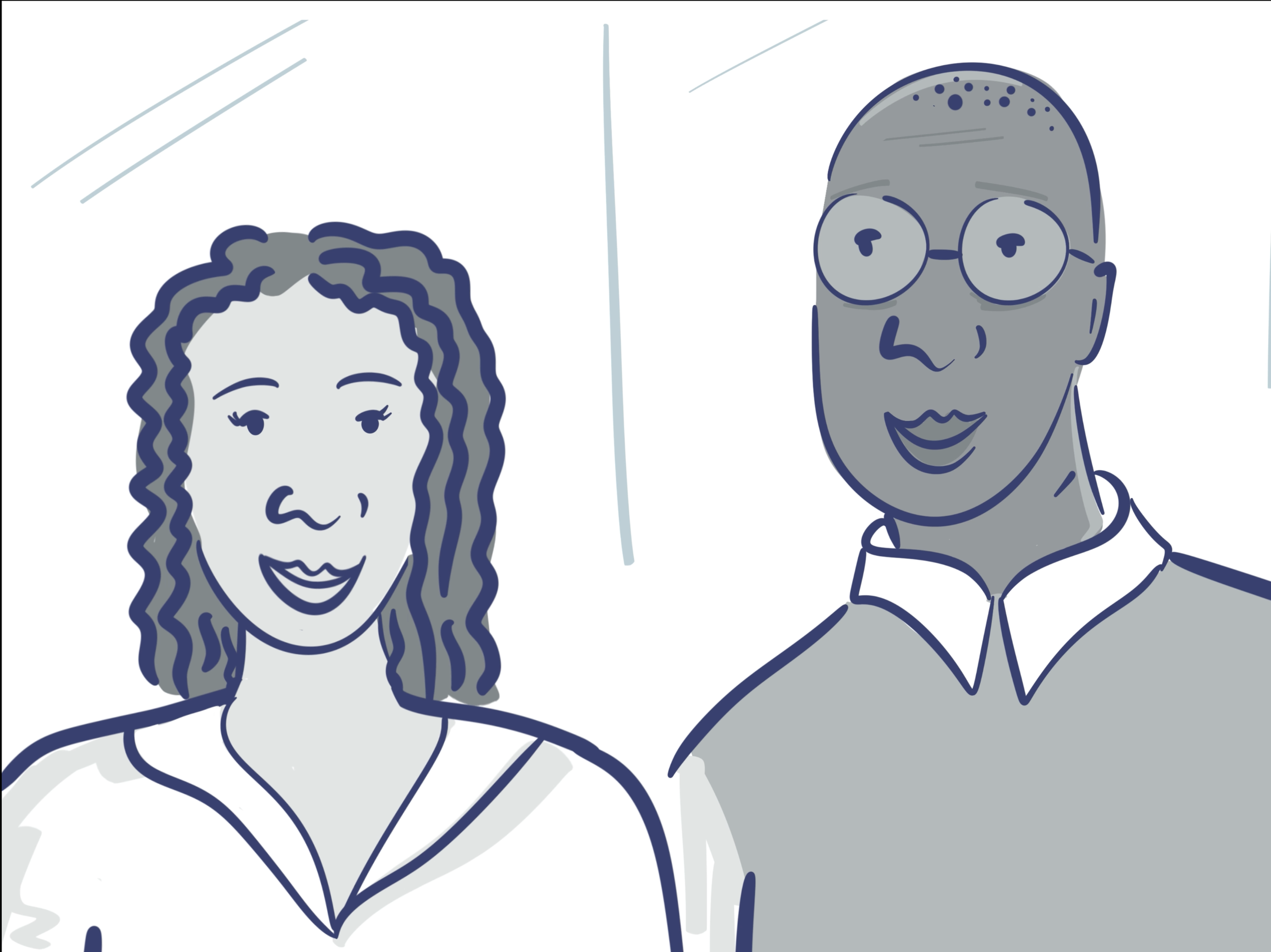 Drawing of two people. One lady with curly hair and a man with dark skin and glasses